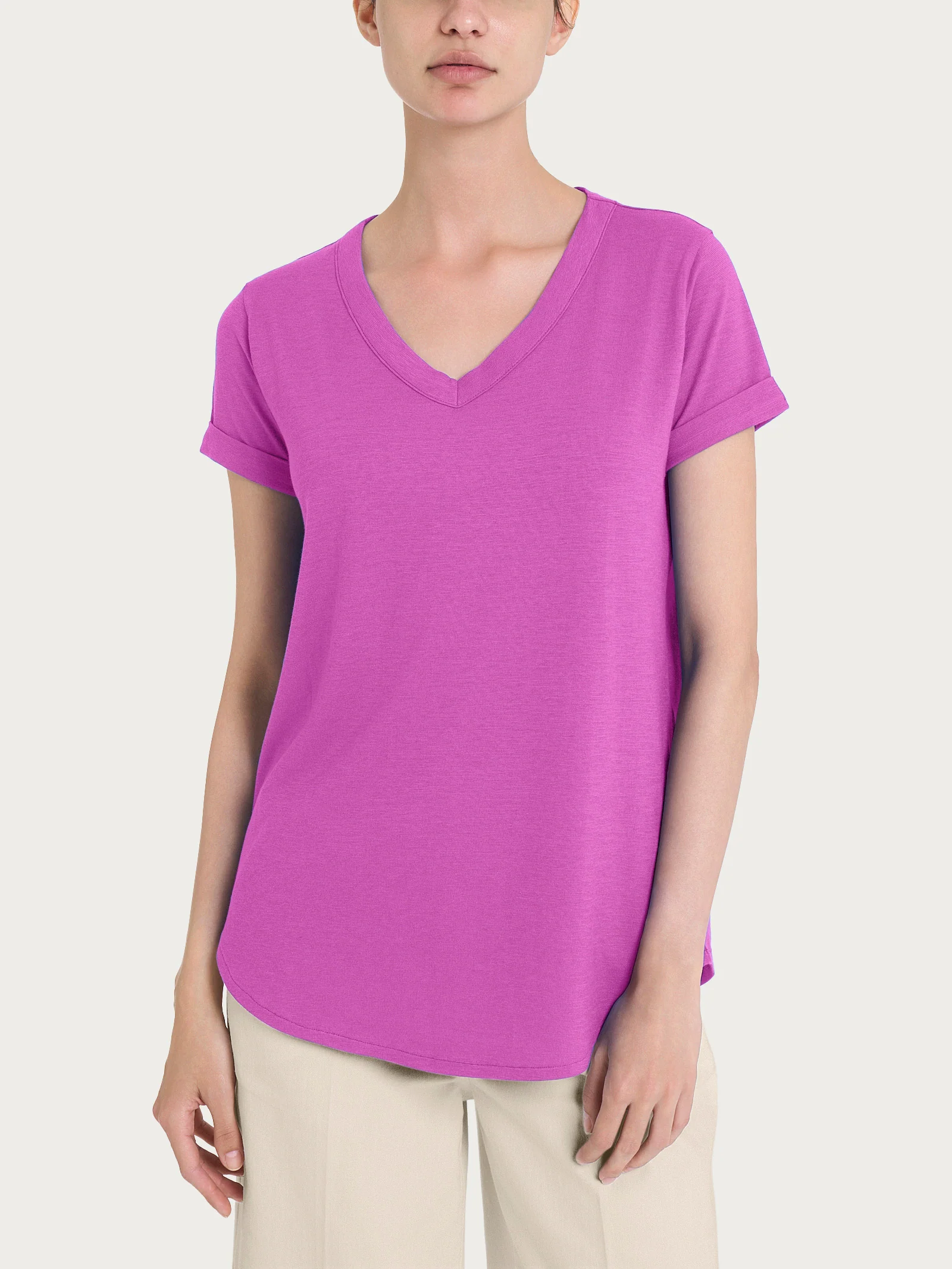 Maglietta con Scollo a V in slub jersey di cotone - Cattleya Orchid