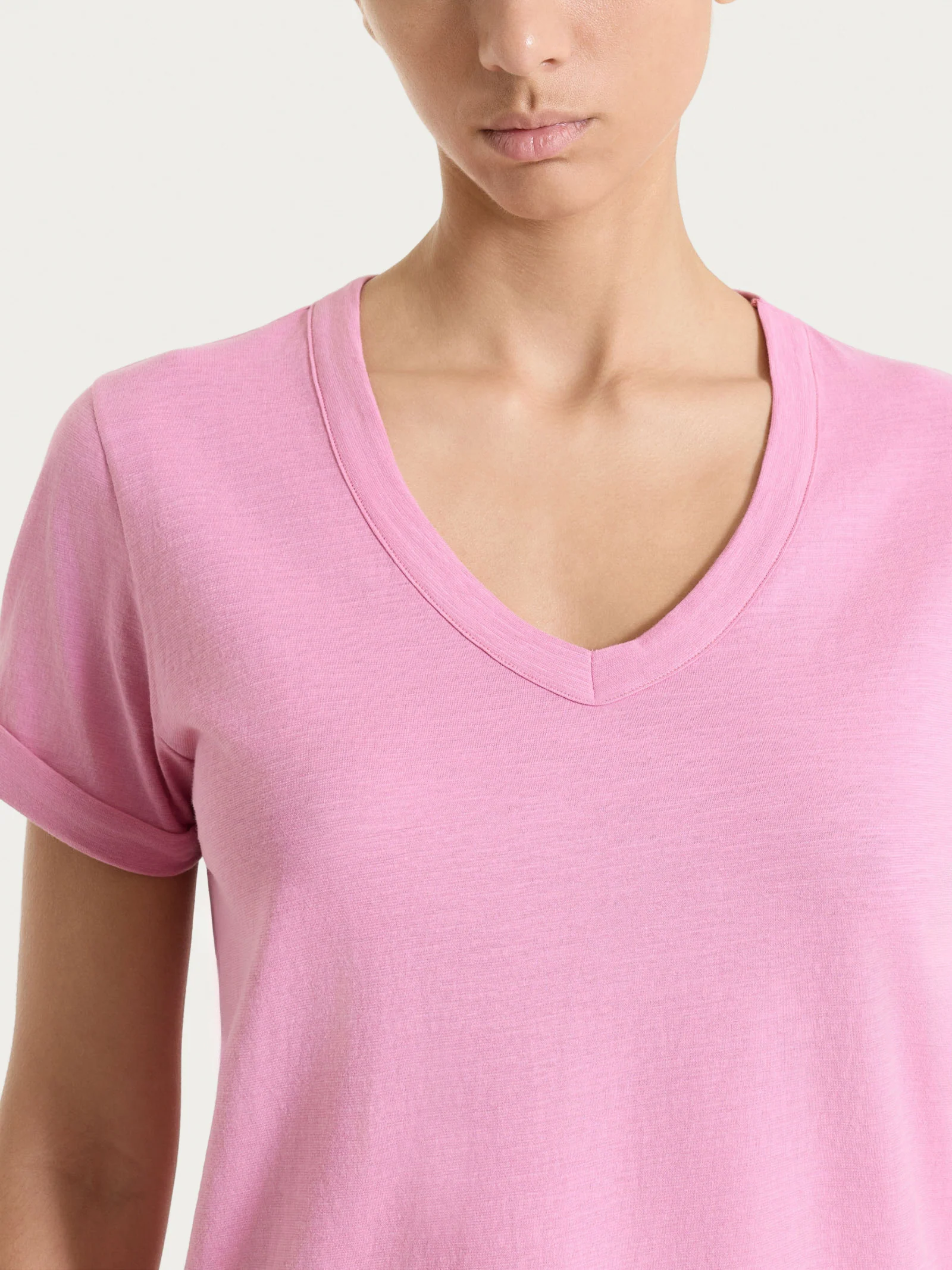 Maglietta con Scollo a V in slub jersey di cotone - Cashmere Rose - Image 4