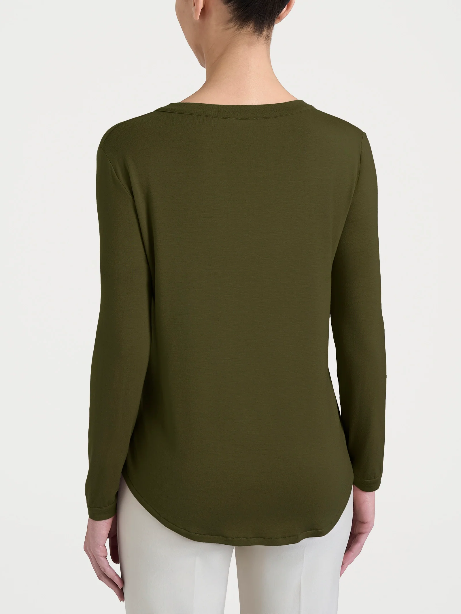 Maglietta girocollo con manica lunga in Eco Viscosa - Dark Olive - Image 2