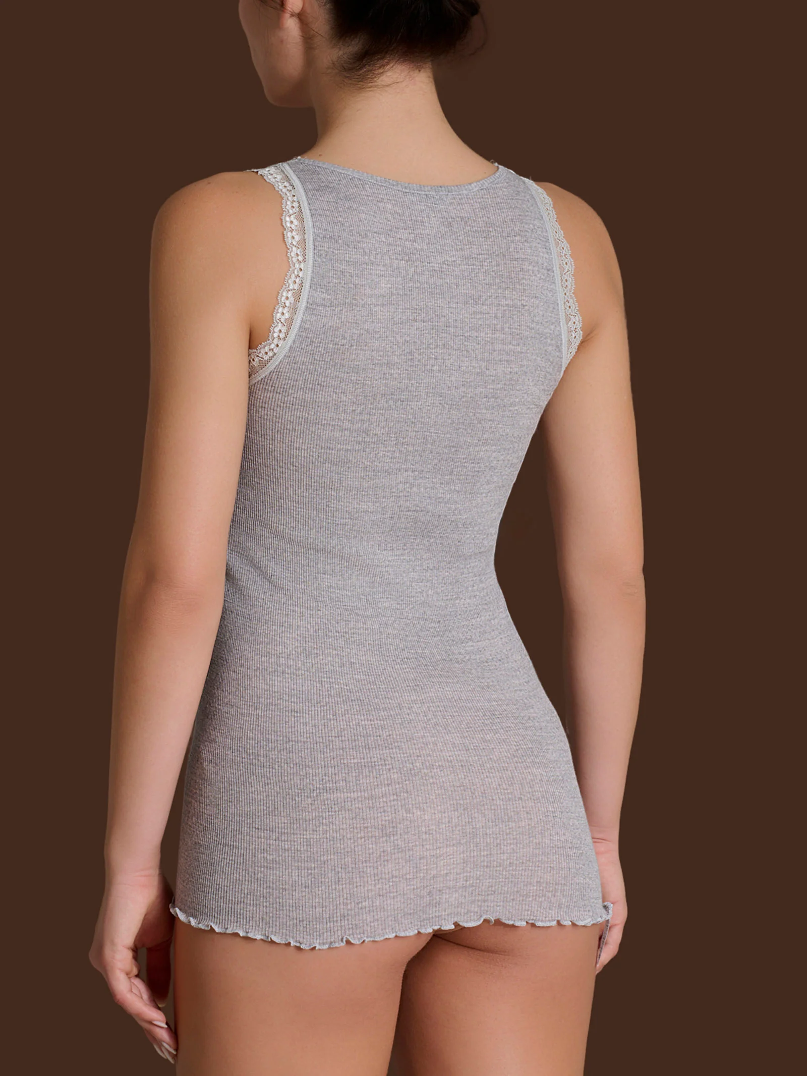 Merino Seta - Canottiera scollo a V in lana e seta con pizzo - Vapore Mel. - Image 3