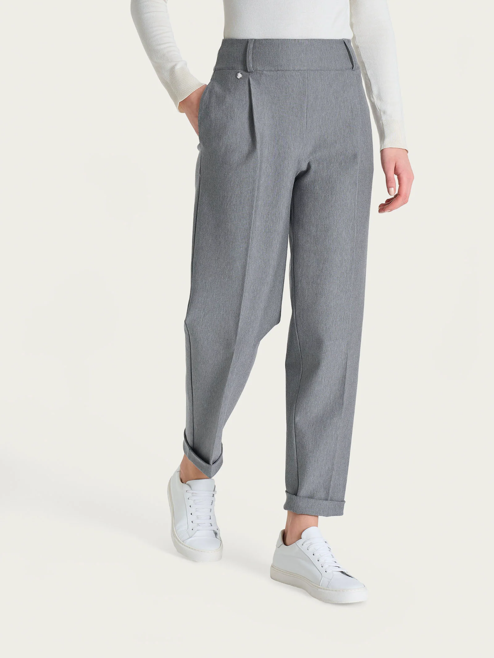 Pantalone a carota con tasche e pinces in Compact - Grigio Mel. - Image 2