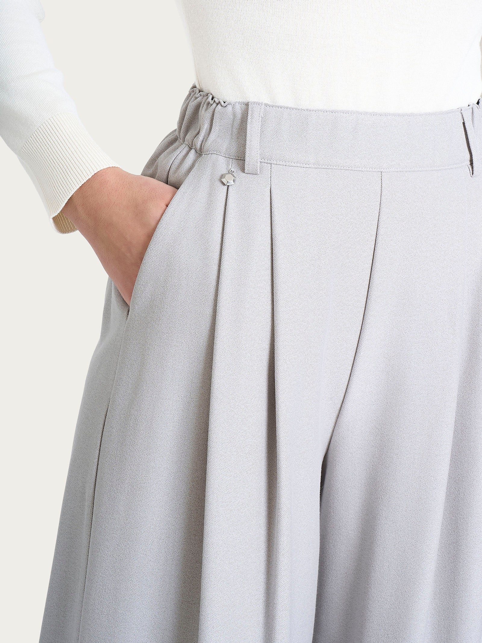 Pantalone a palazzo con tasche e pinces in Flannel Twill - Ghiaia Mel. - Image 3