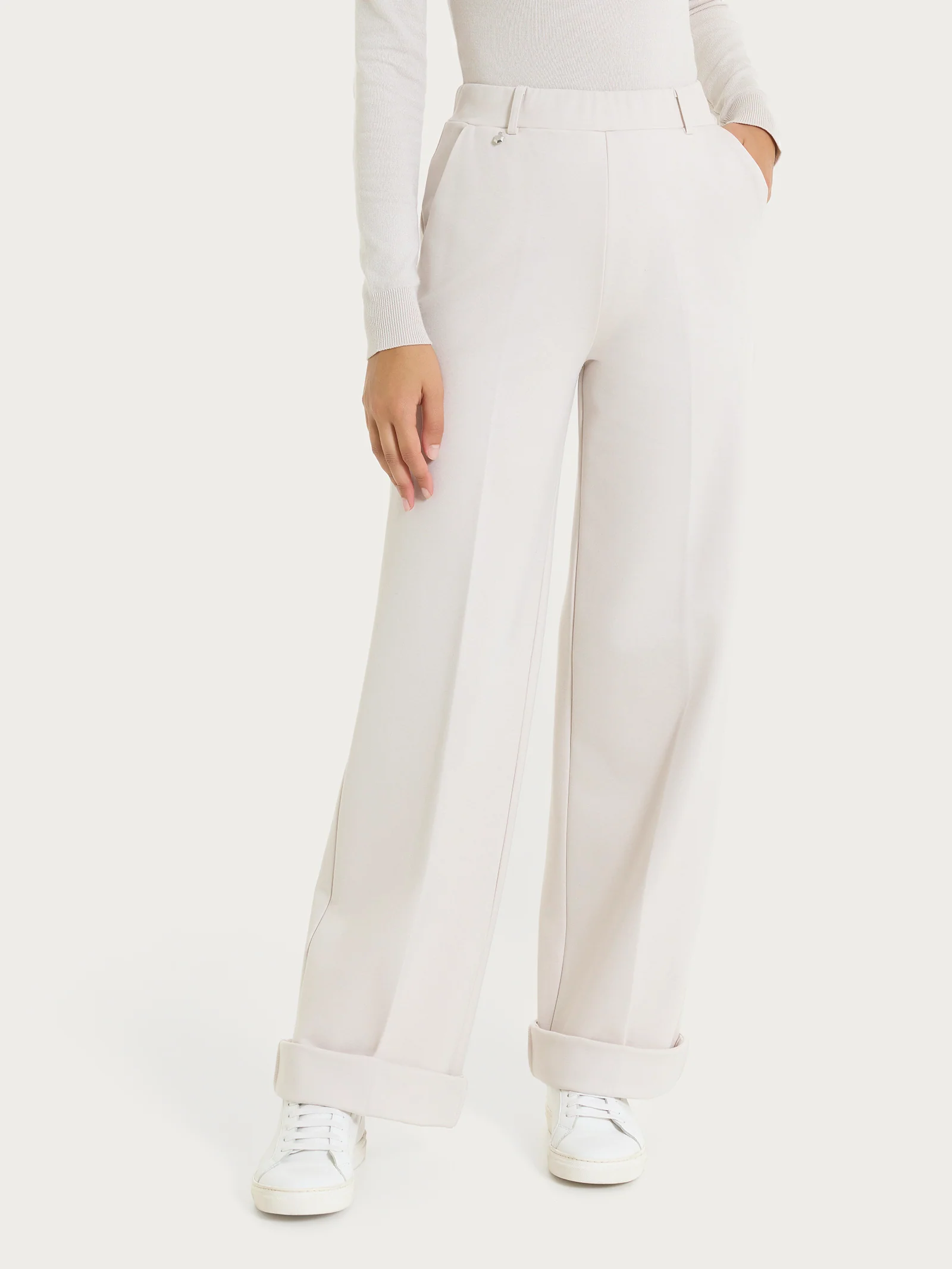 Pantalone a palazzo con tasche in Cashmere Compact - Champignon - Image 3