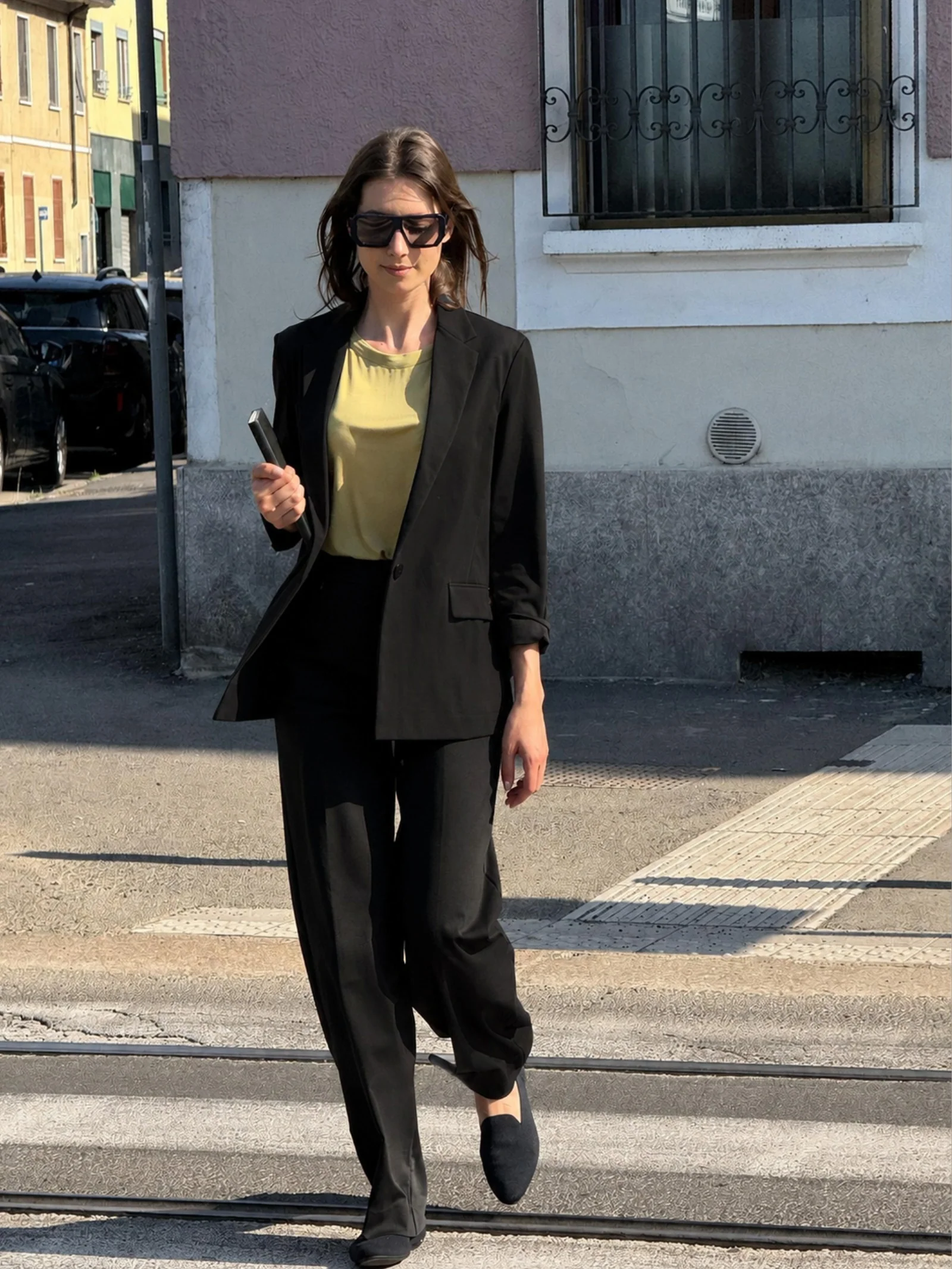 Pantalone a palazzo con tasche in Compact Light - Nero - Image 4