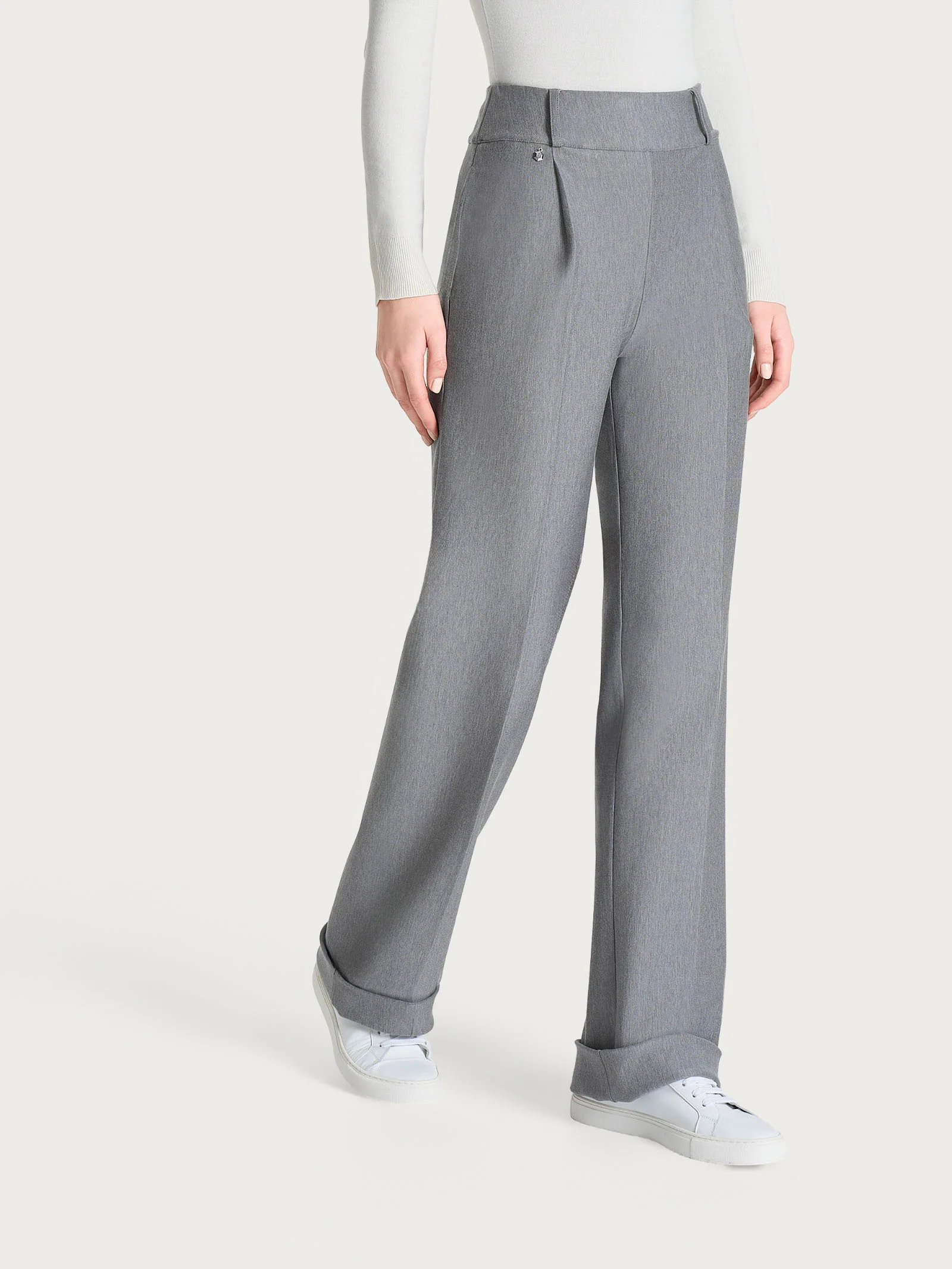 Pantalone ampio con tasche e pinces in Compact  - Grigio Mel. - Image 2