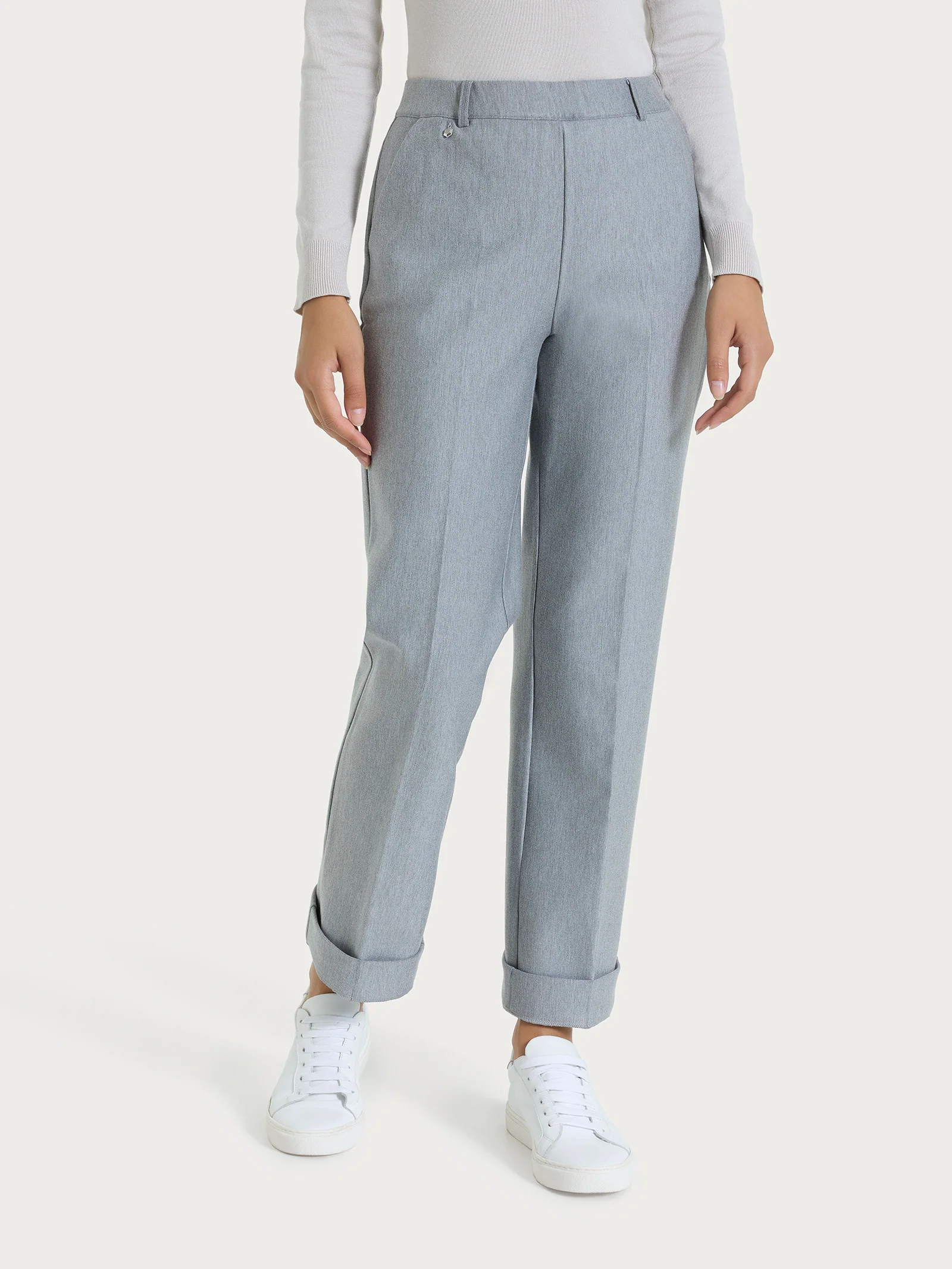 Pantalone ampio con tasche e risvolto in Compact - Grigio Mel. - Image 2