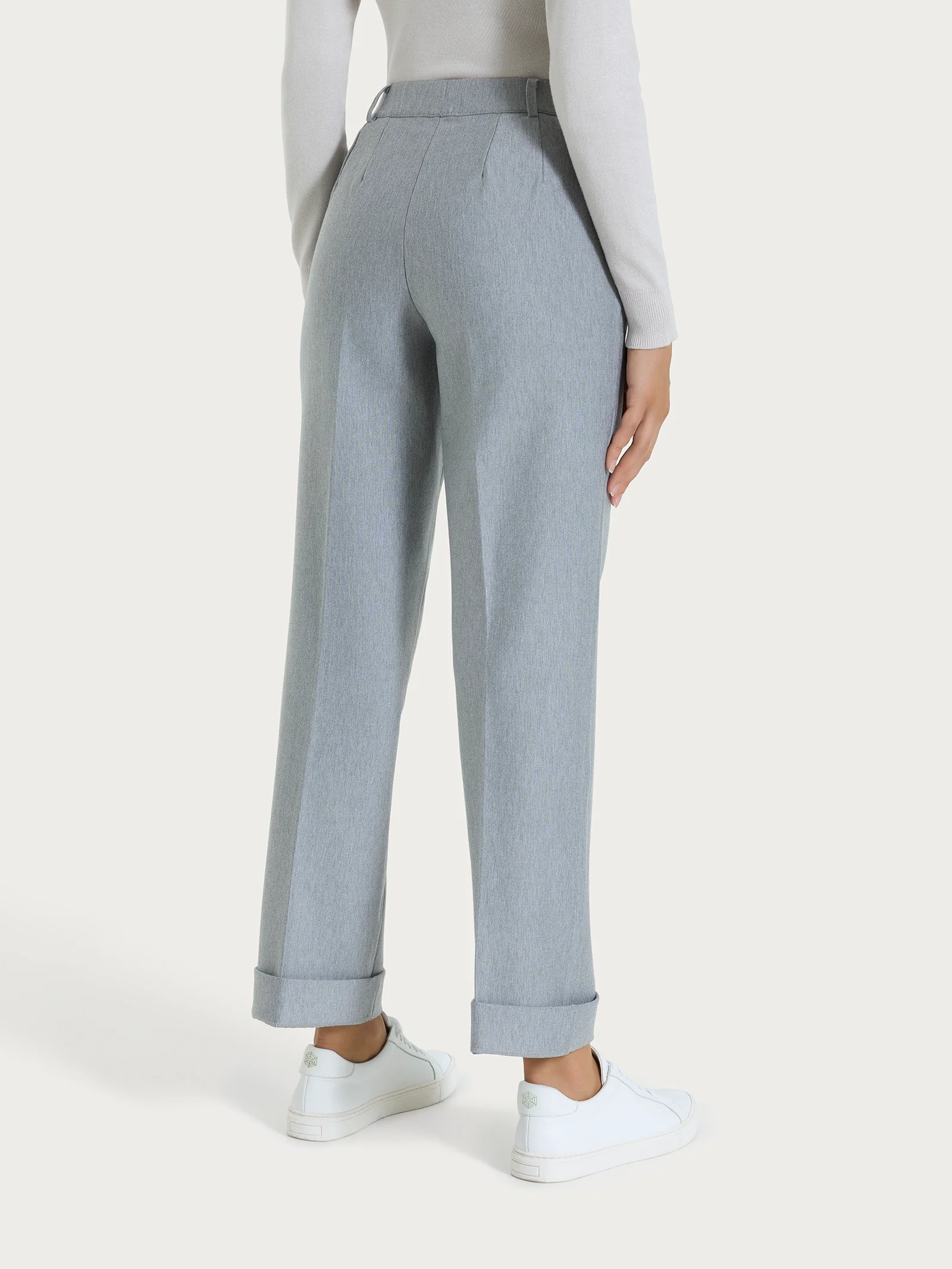 Pantalone ampio con tasche e risvolto in Compact - Grigio Mel. - Image 4