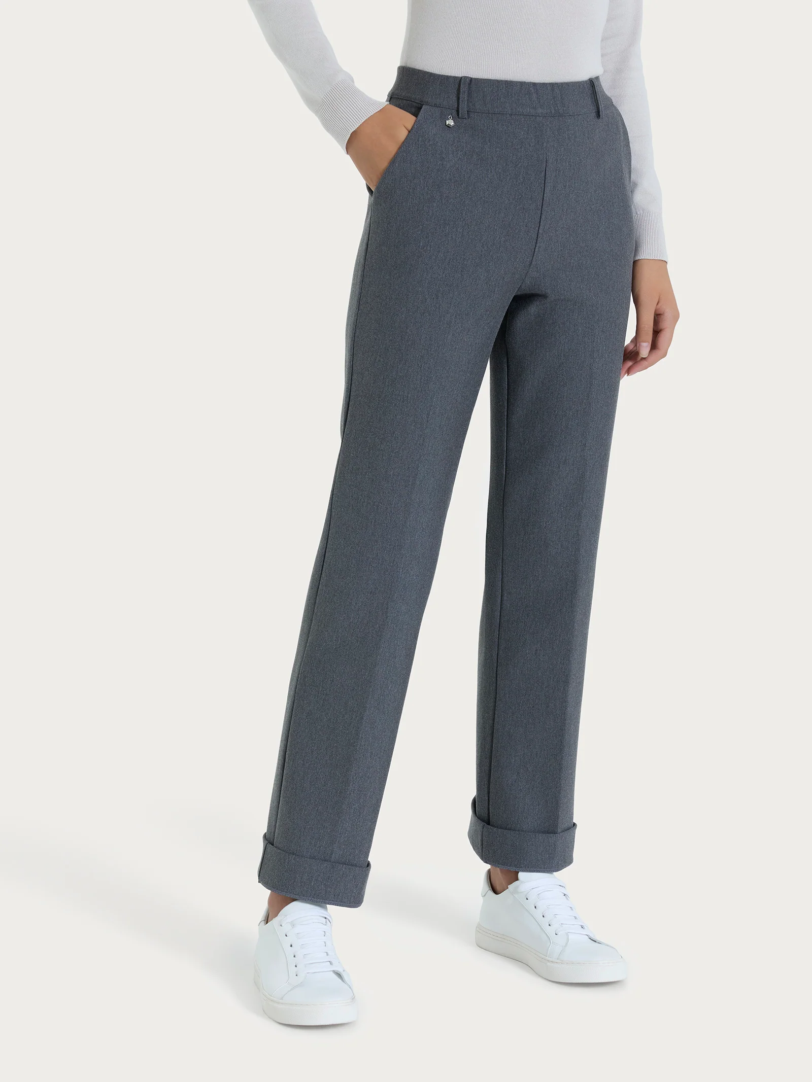 Pantalone ampio con tasche e risvolto in Compact - Ardesia Mel. - Image 2