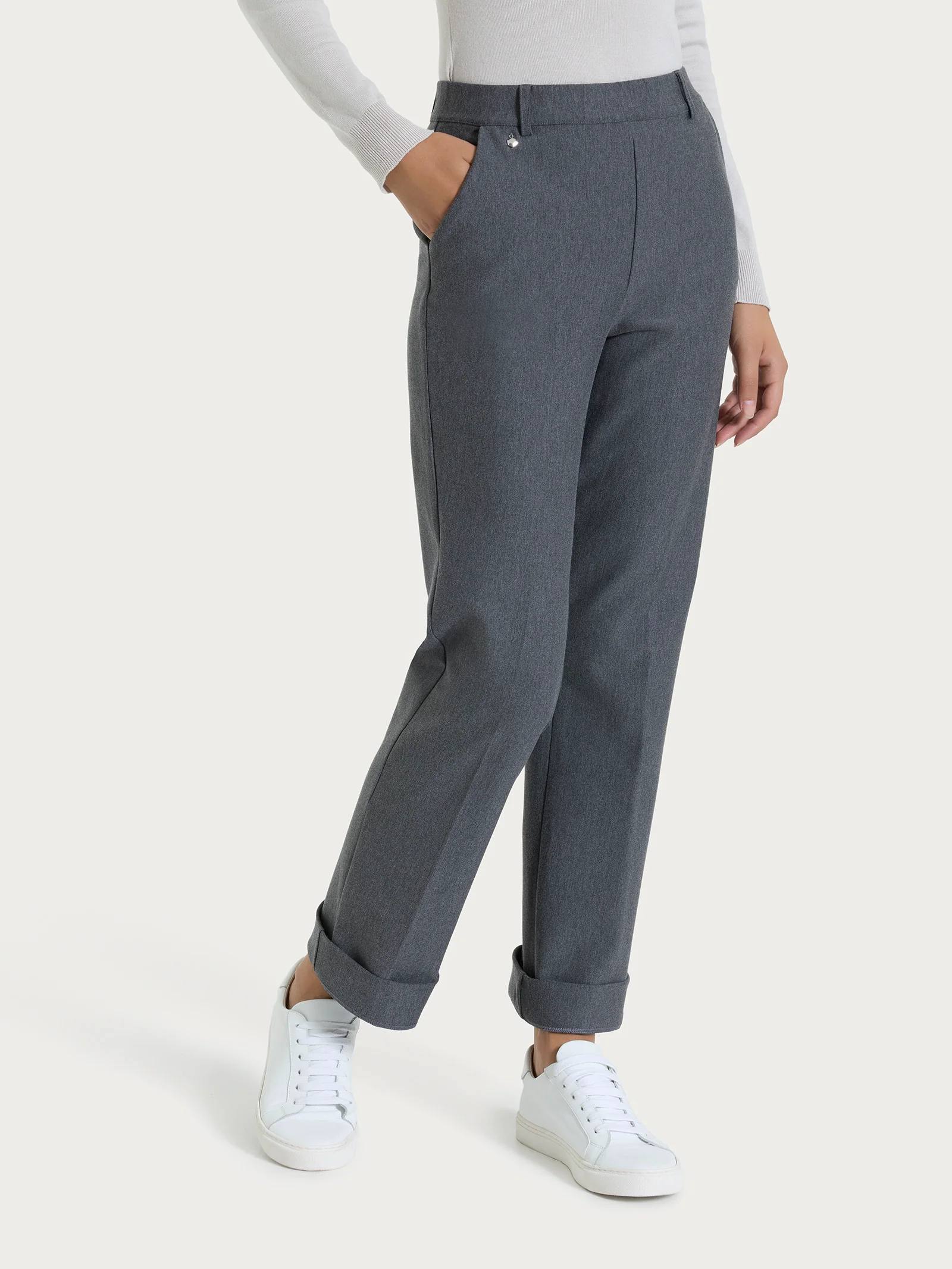 Pantalone ampio con tasche e risvolto in Compact - Ardesia Mel. - Image 4