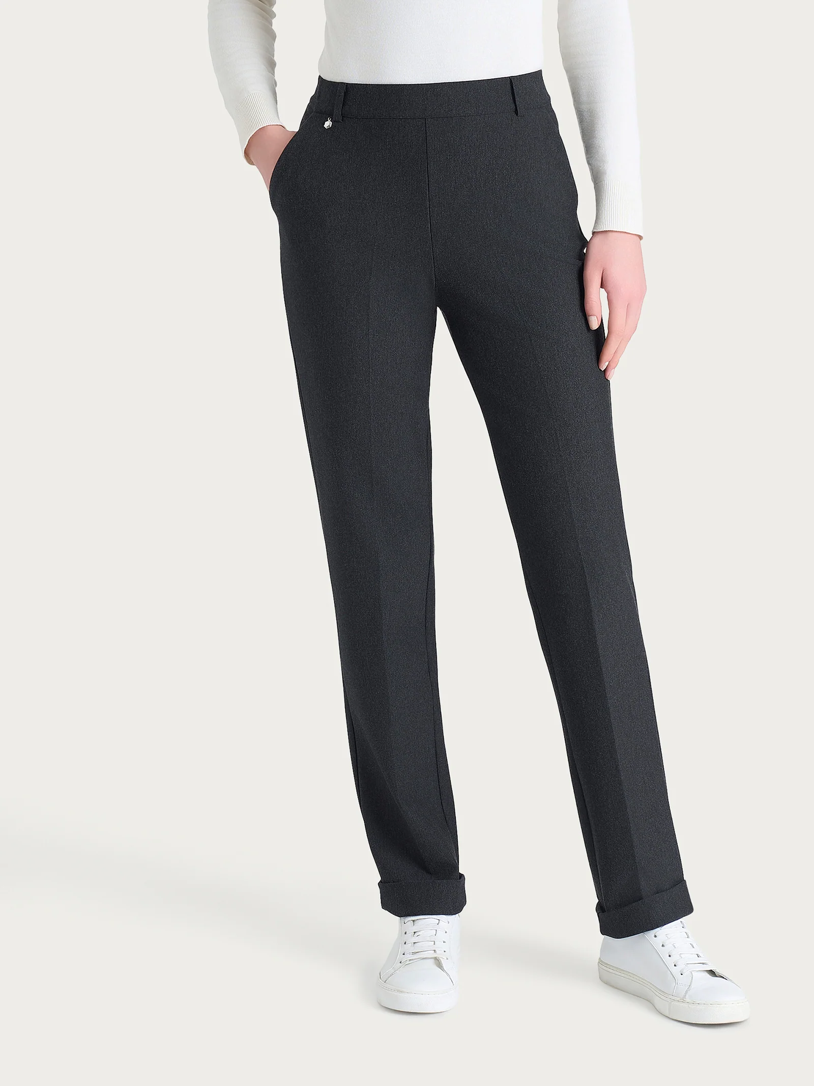 Pantalone ampio con tasche e risvolto in Compact - Oscuro Mel. - Image 2