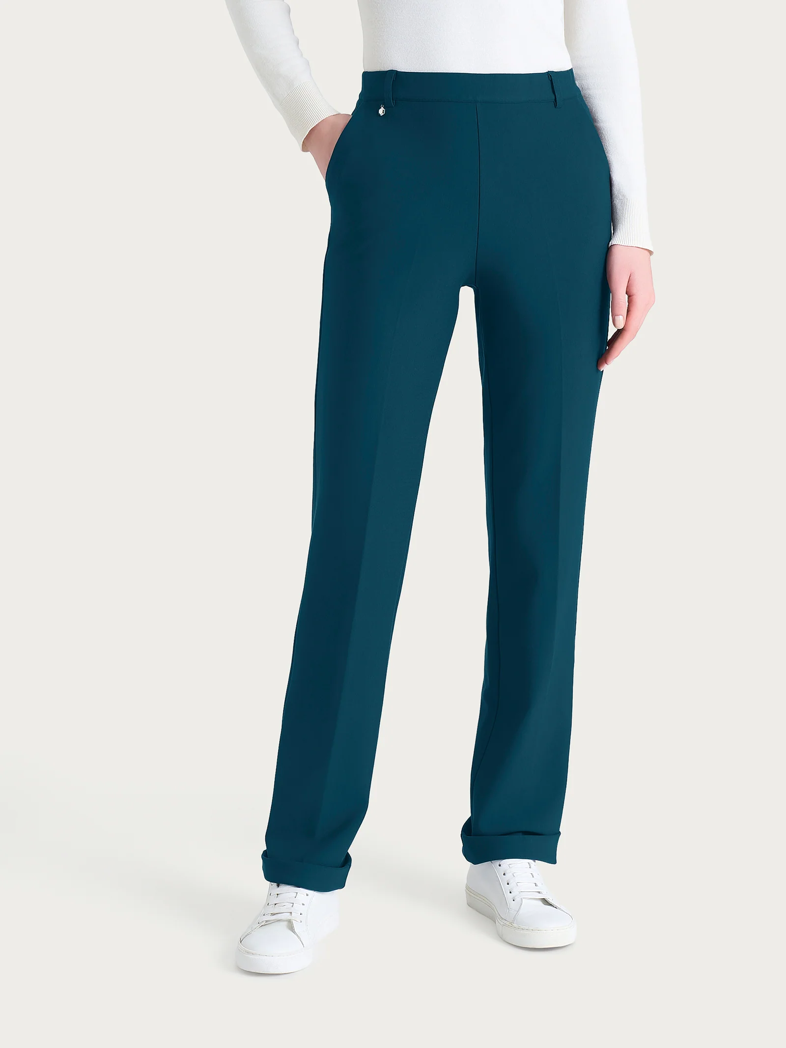 Pantalone ampio con tasche e risvolto in Compact - Reflecting Pond - Image 2
