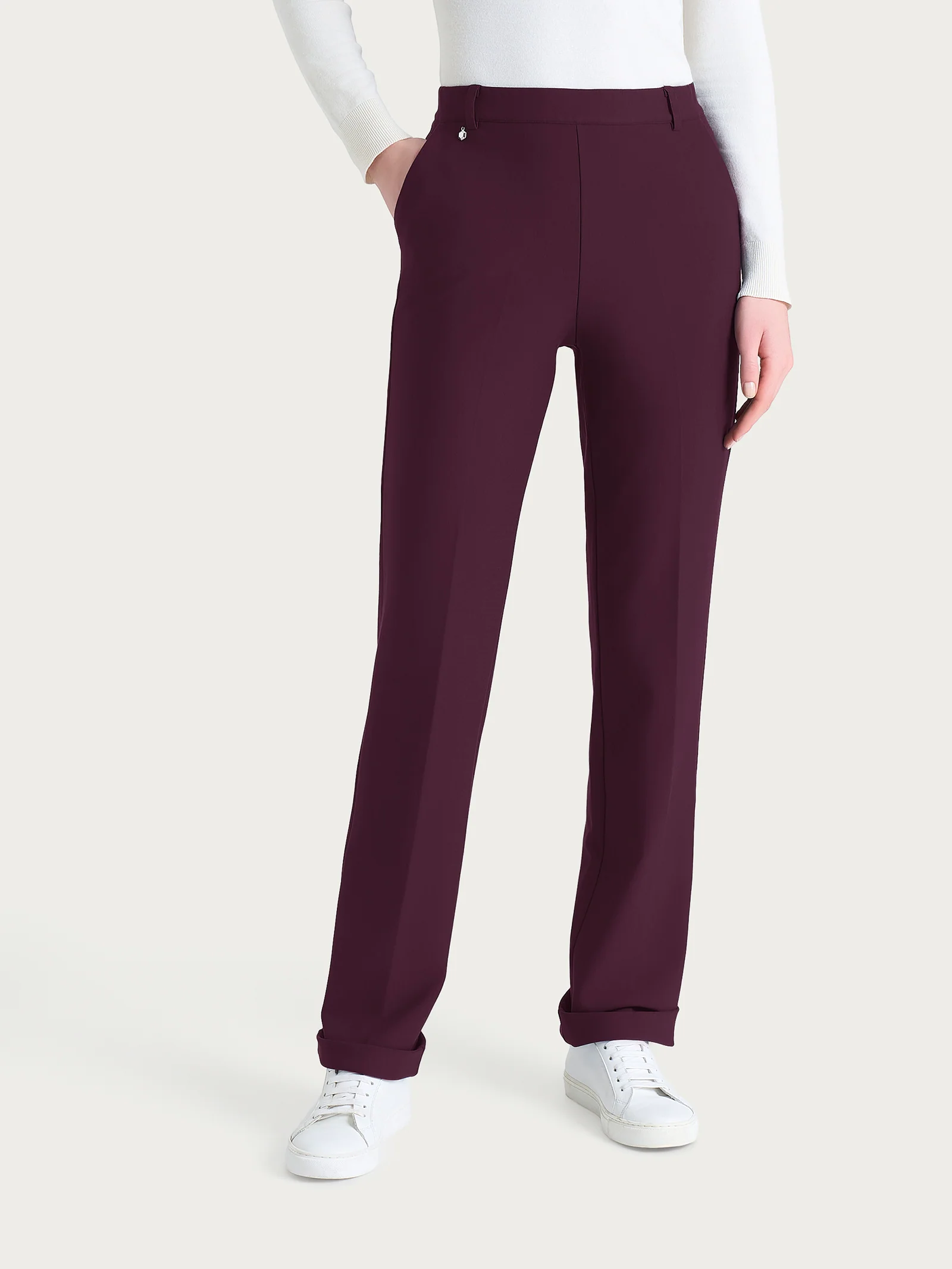 Pantalone ampio con tasche e risvolto in Compact - Fig - Image 2