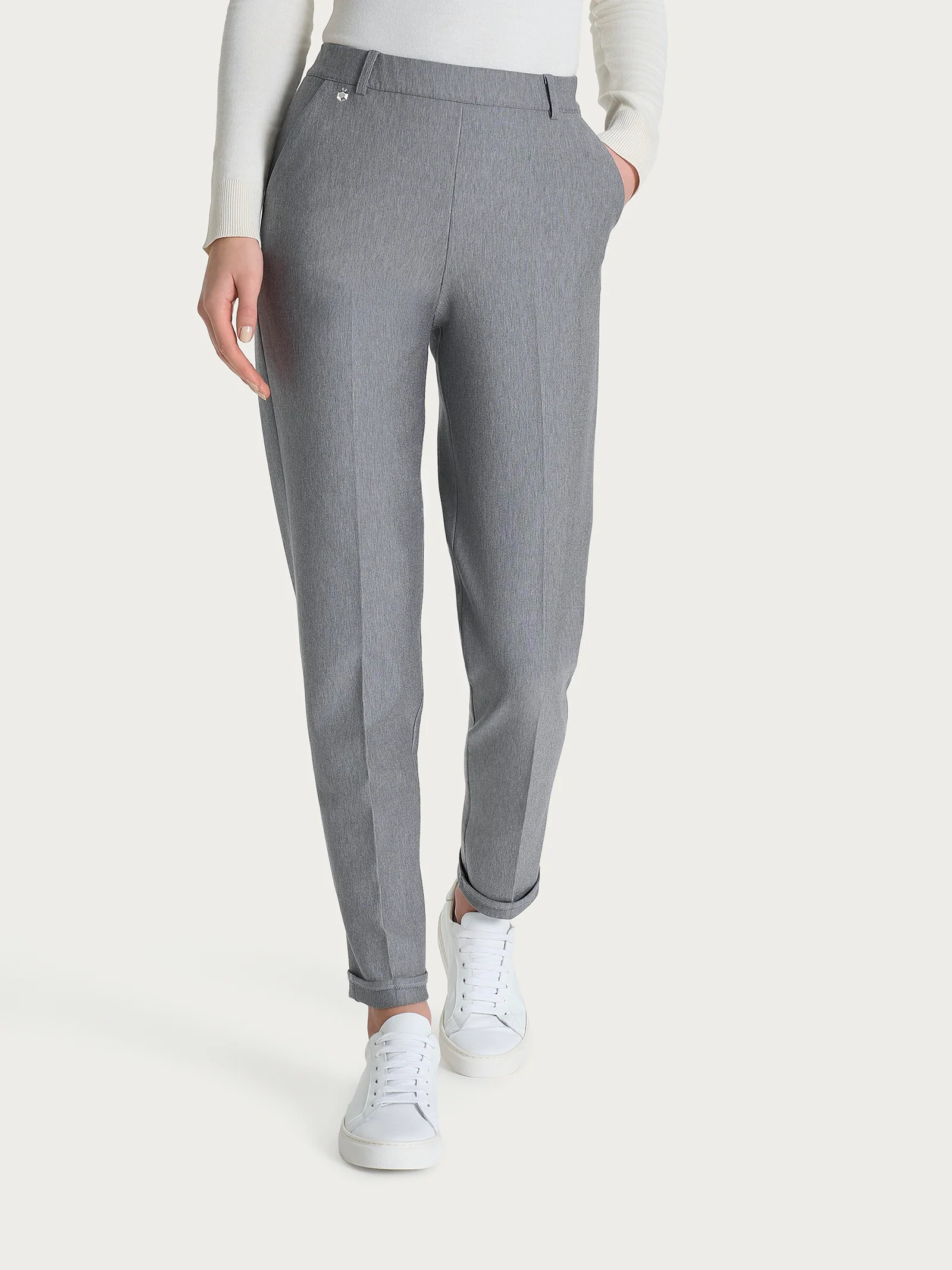 Pantalone chino slim con tasche e risvolto in Compact - Grigio Mel. - Image 2