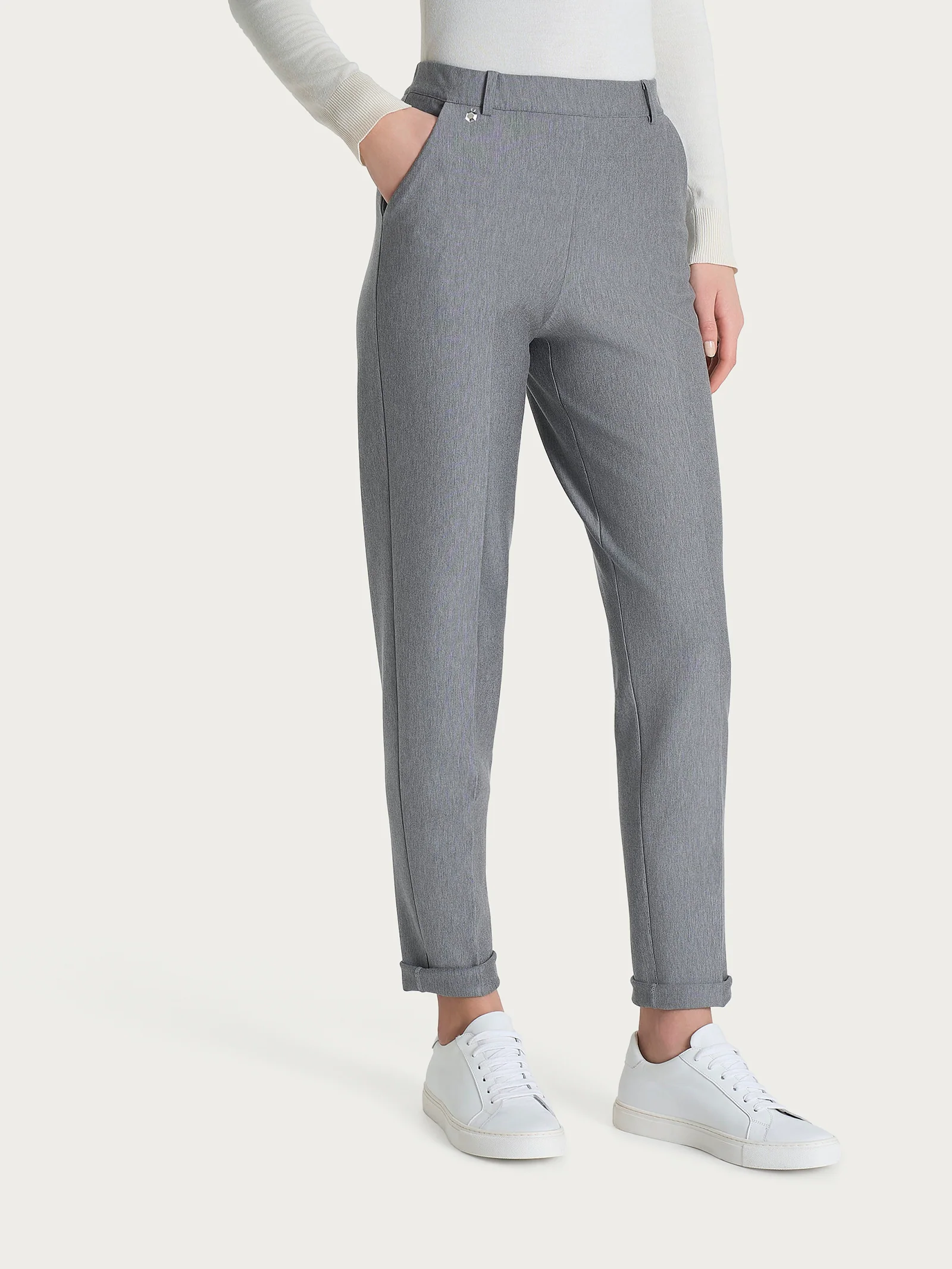 Pantalone chino slim con tasche e risvolto in Compact - Grigio Mel. - Image 3