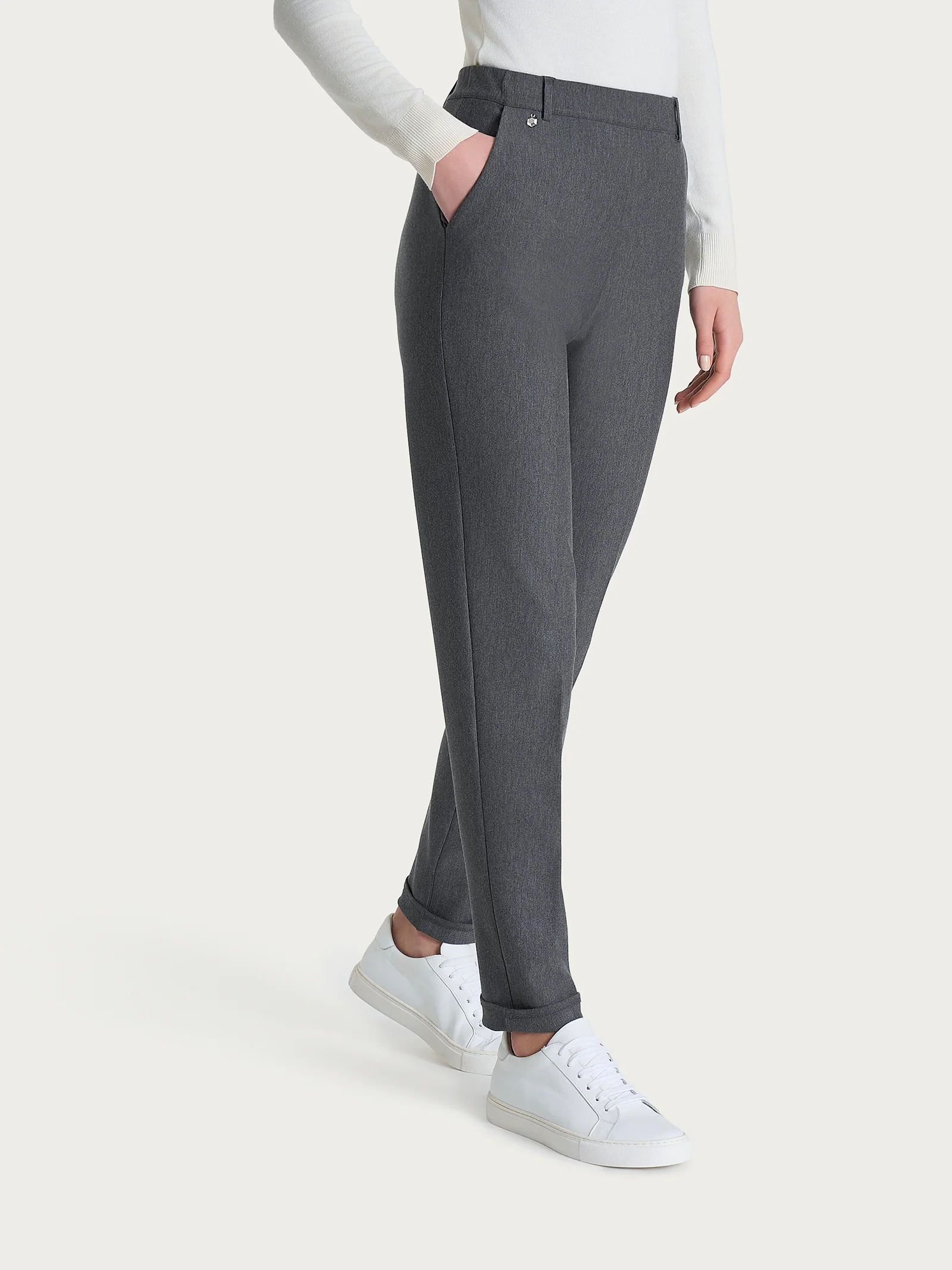 Pantalone chino slim con tasche e risvolto in Compact - Ardesia Mel. - Image 2