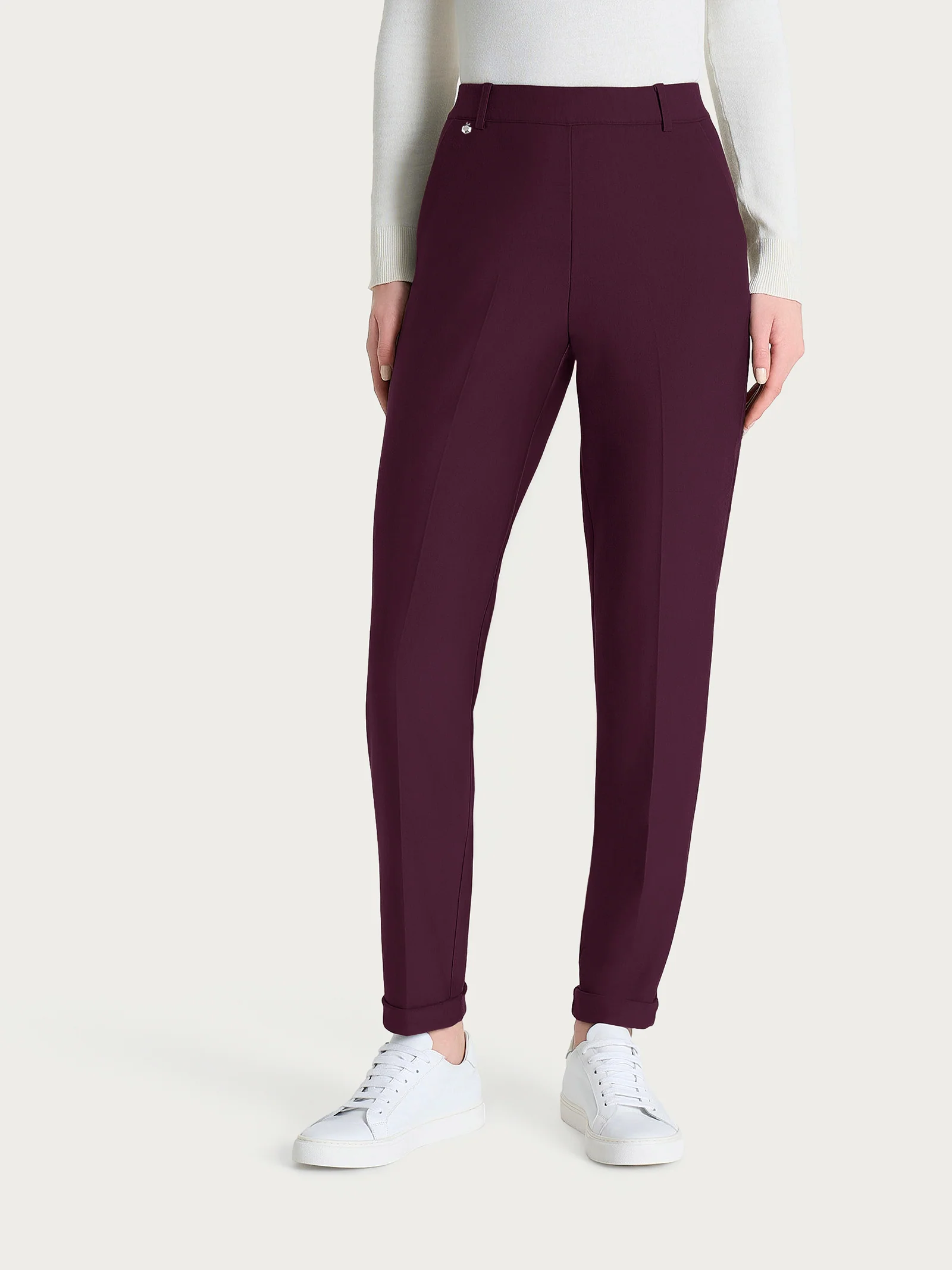 Pantalone chino slim con tasche e risvolto in Compact - Fig - Image 3