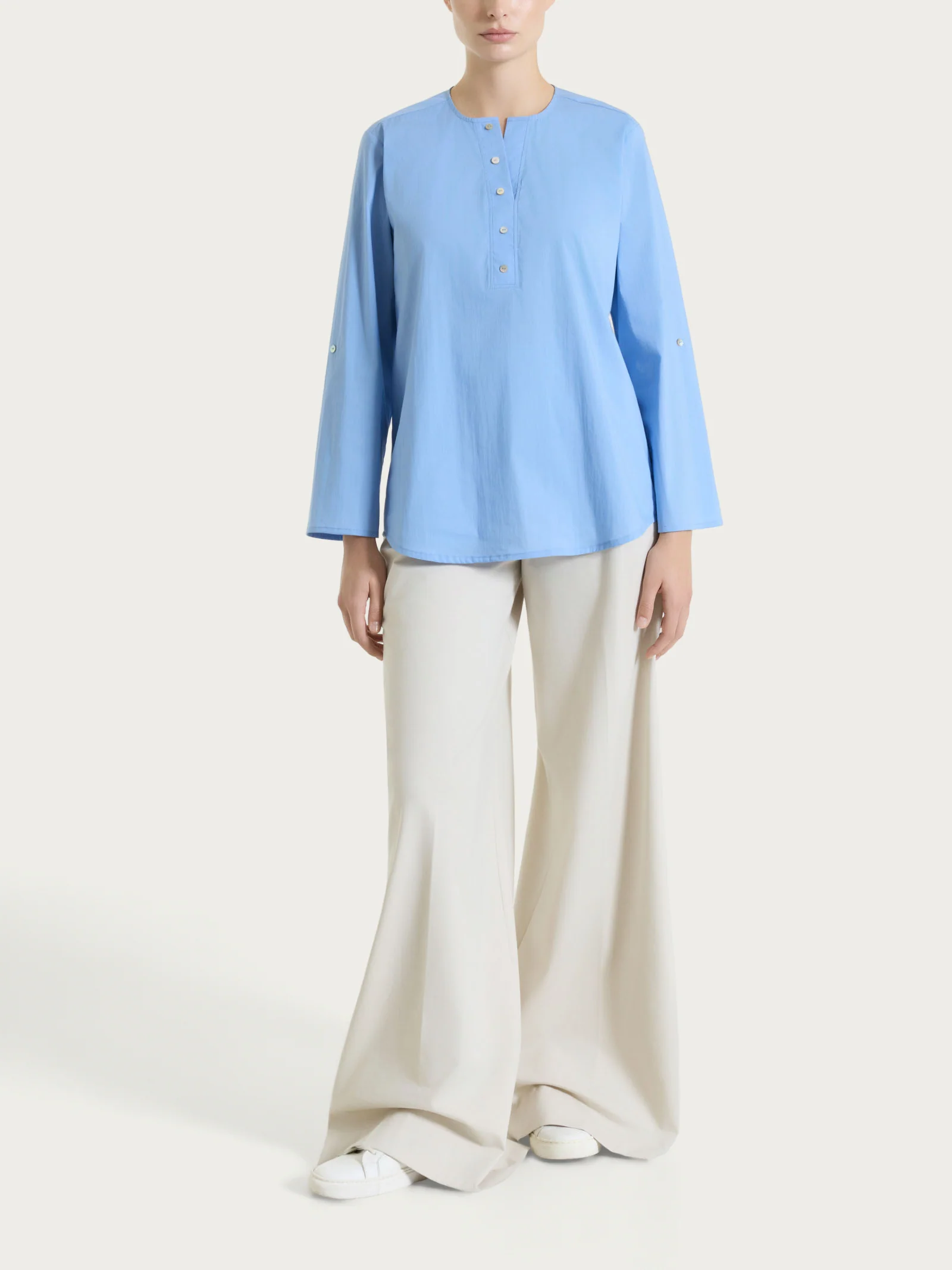 Pantalone lungo a palazzo con tasche e pinces in Compact Light - Champignon - Image 5