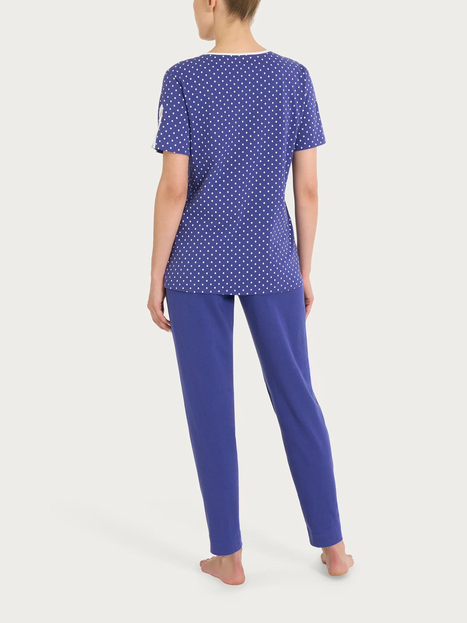 Pigiama a pois con collo a serafino in Jersey di cotone - Navy Blue Pois - Image 2