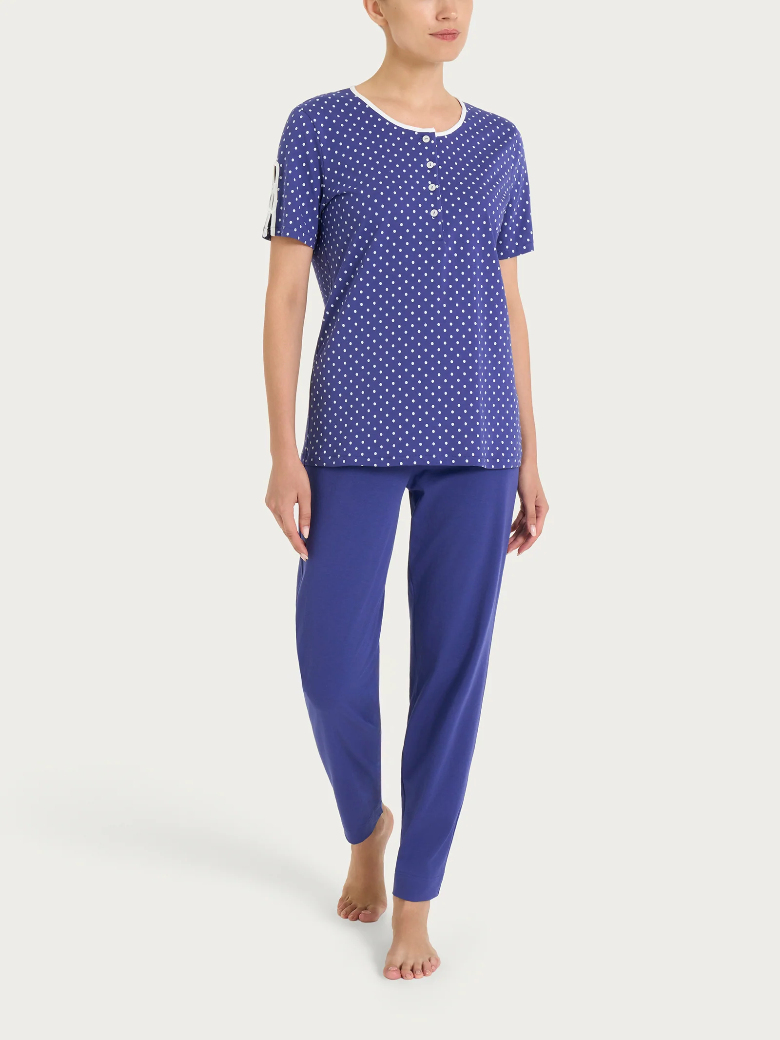 Pigiama a pois con collo a serafino in Jersey di cotone - Navy Blue Pois - Image 6