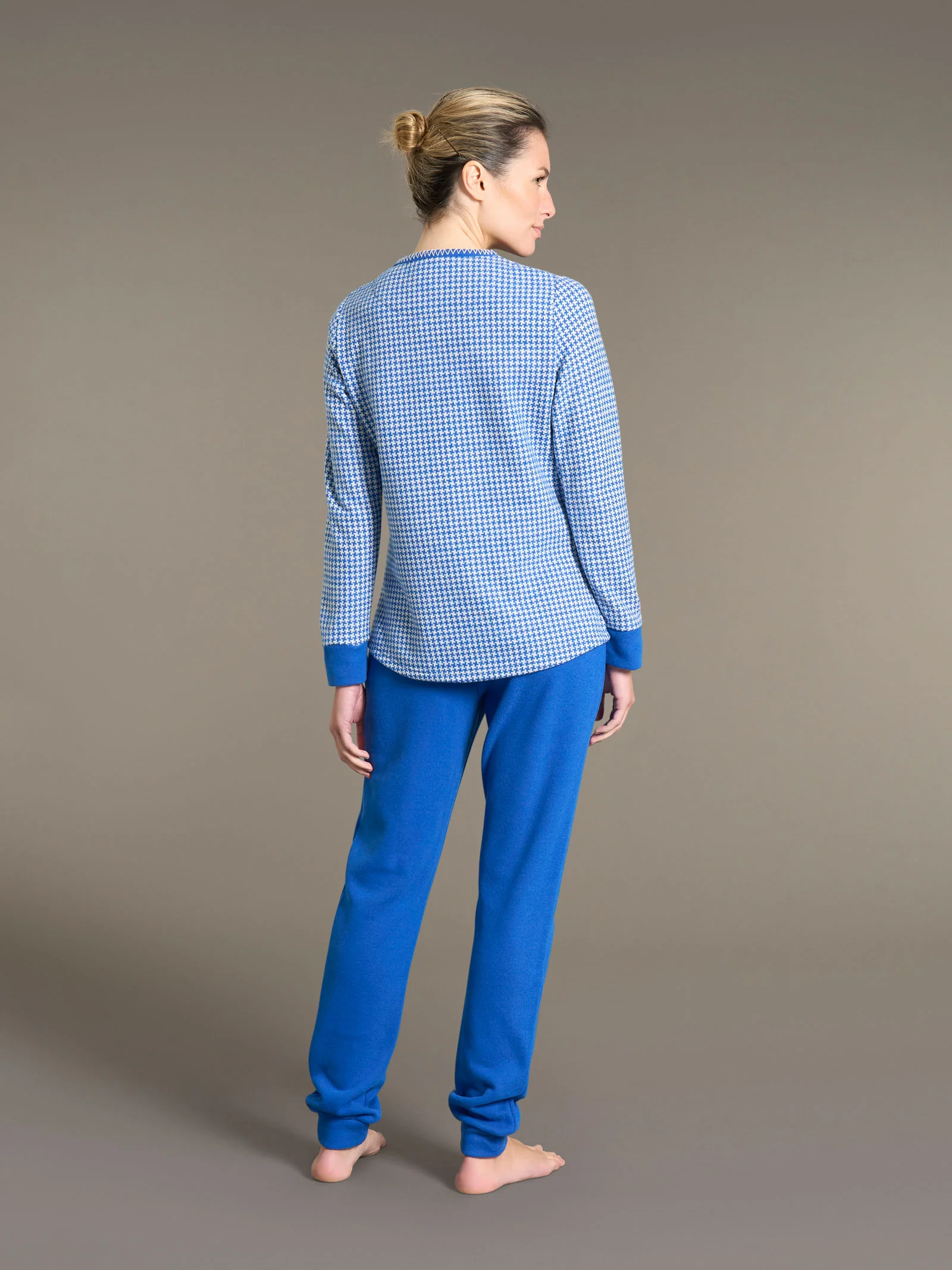 Pigiama a serafino con pied de poule in Cotton Eco Pile  - Fant.Bluette - Image 2