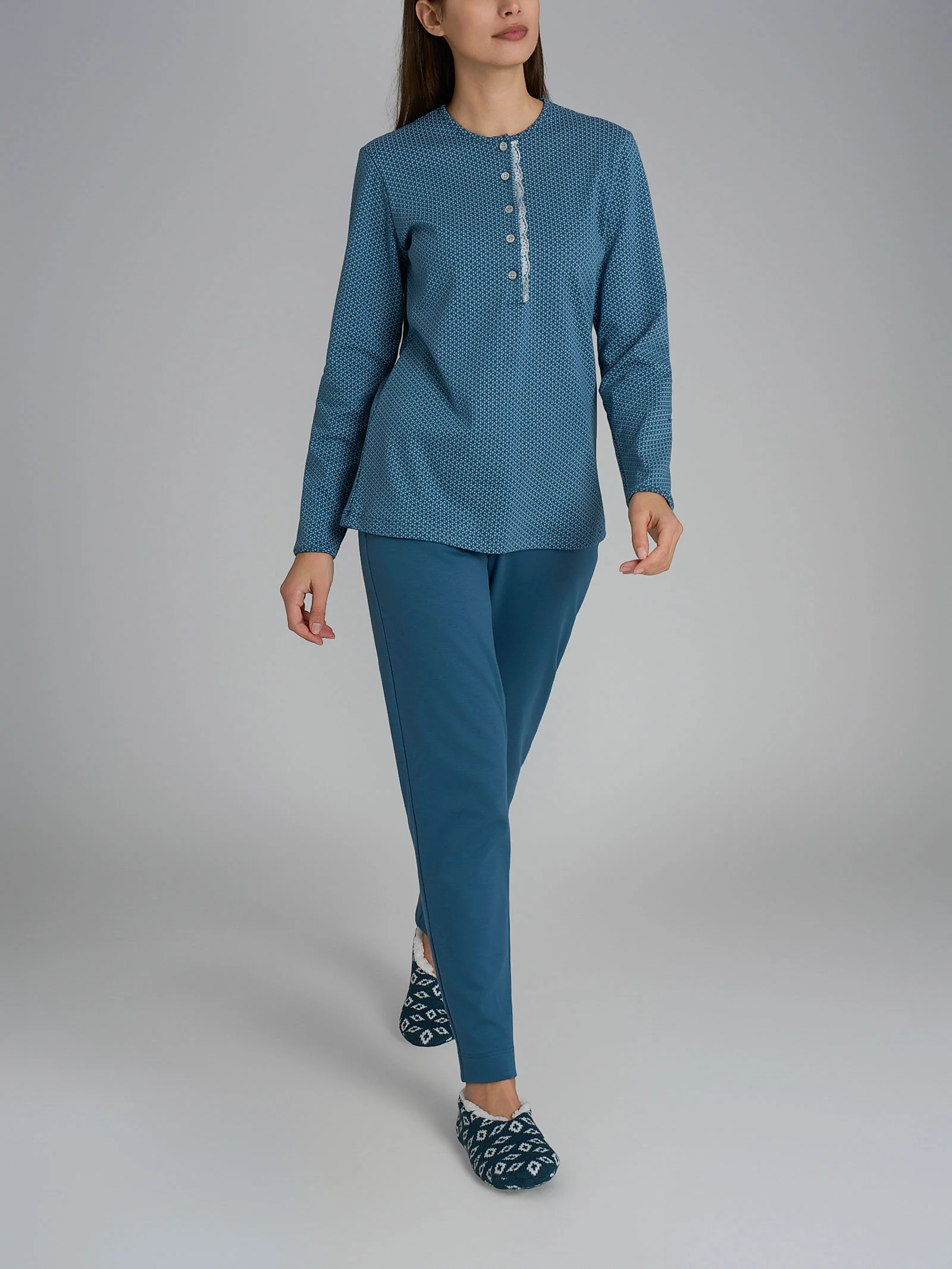 Pigiama a serafino con pizzo in Interlock di cotone 40-54 - Fant. Real Teal Micro Cravatier - Image 4