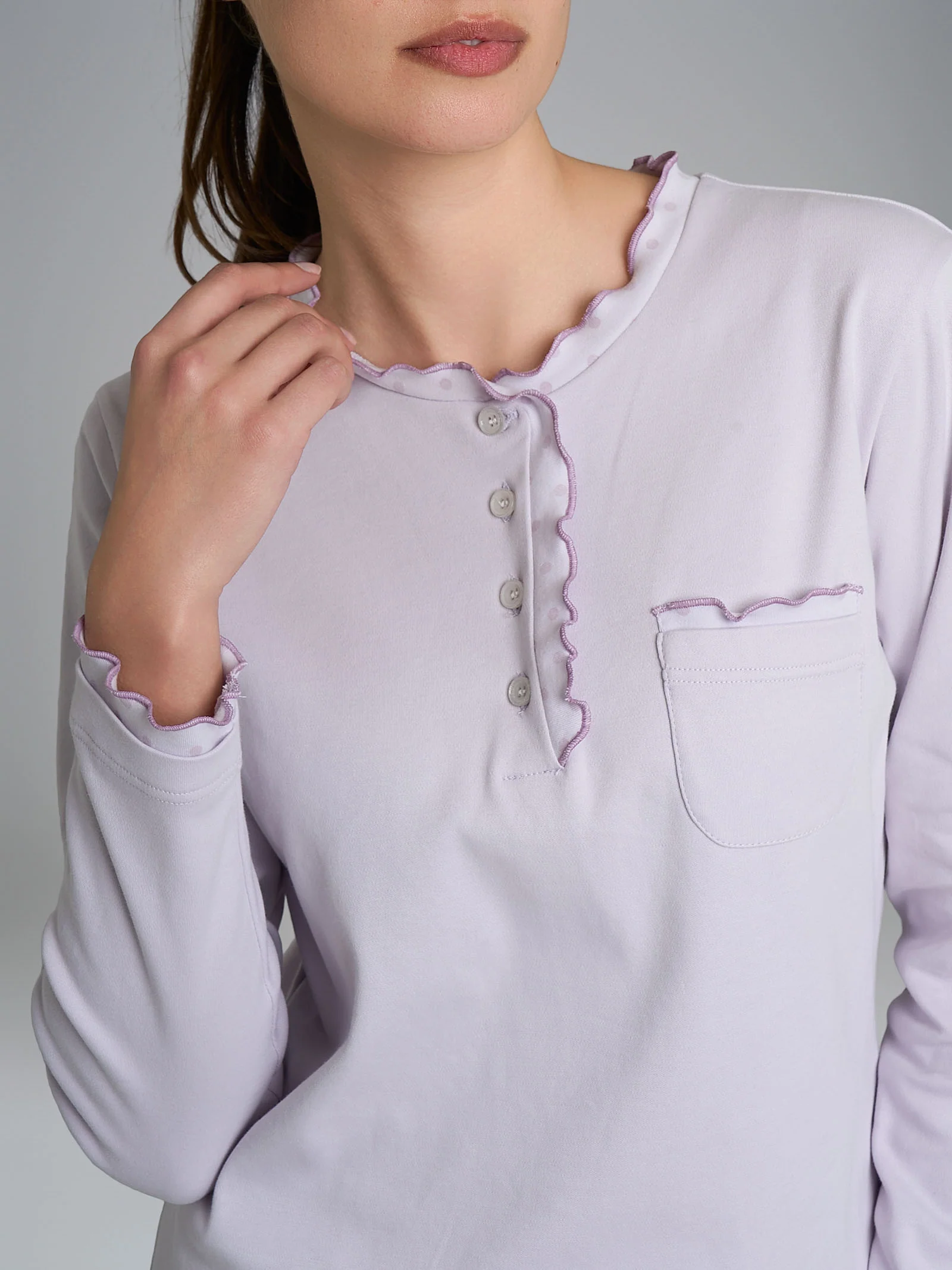 Pigiama a serafino con rouches in Interlock di cotone - Fant. Lavender Blue - Image 4