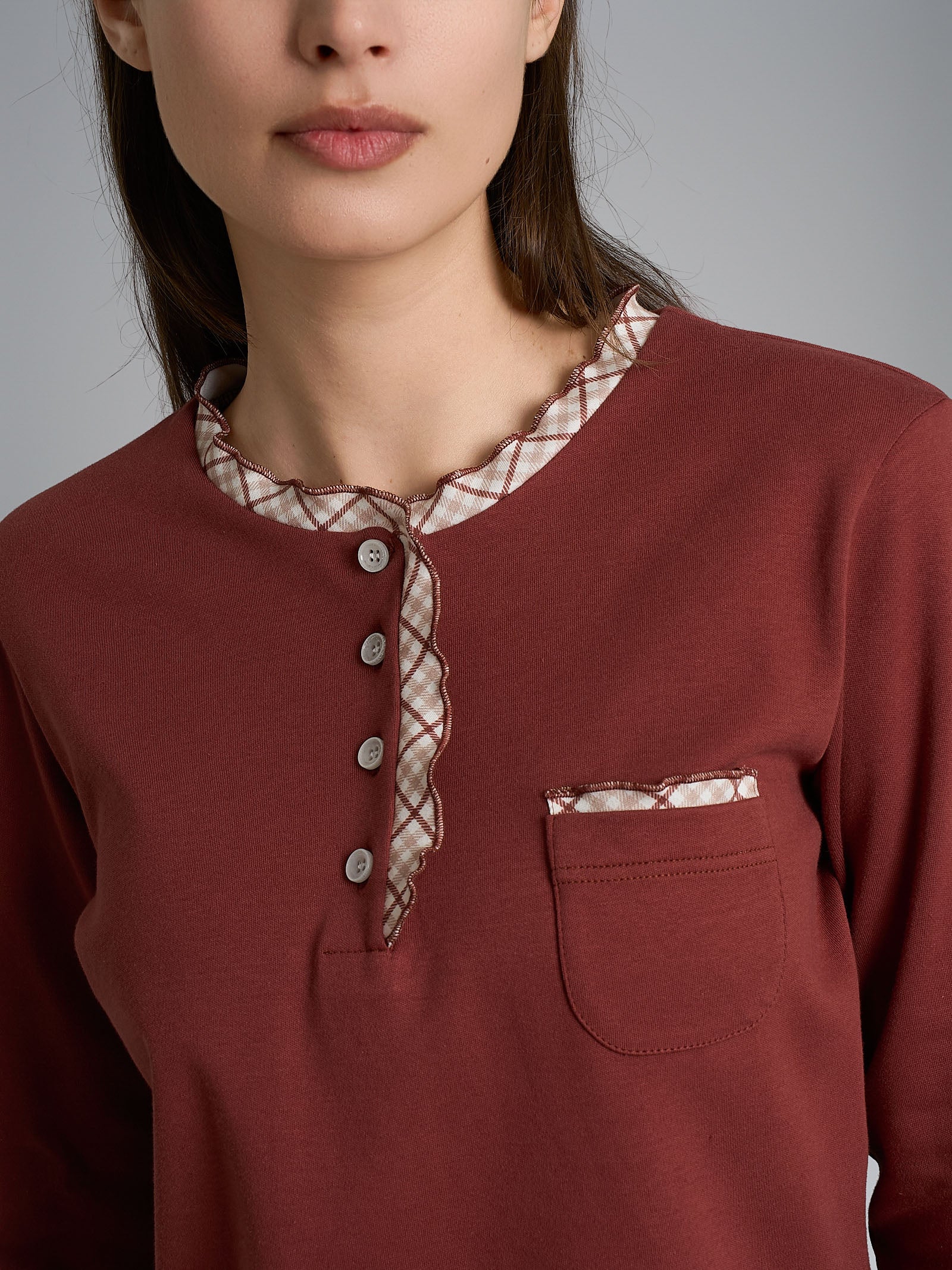 Pigiama a serafino con rouches in Interlock di cotone - Fant. Henna Small Tartan - Image 3
