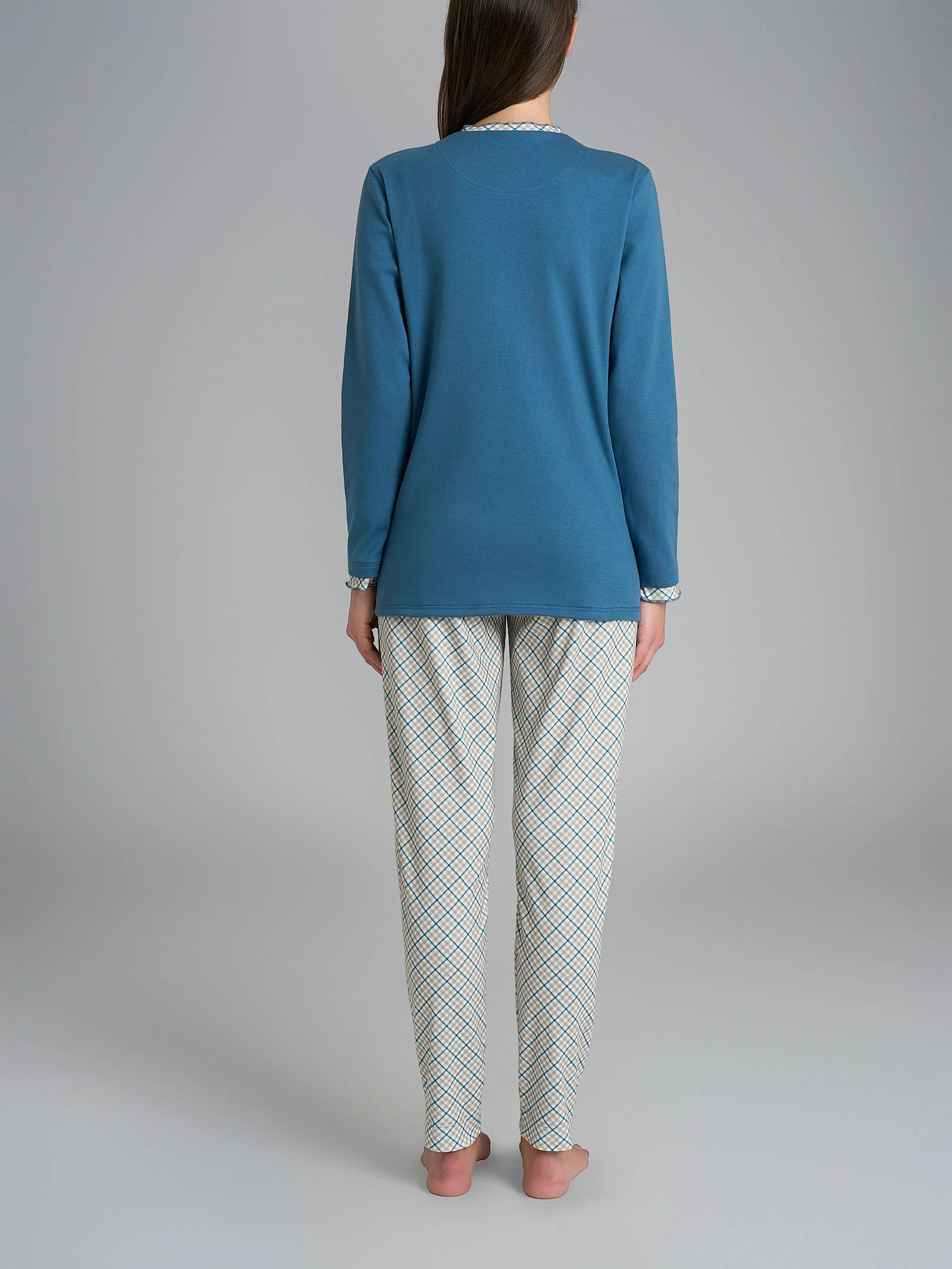 Pigiama a serafino con rouches in Interlock di cotone - Fant. Real Teal Tartan - Image 2
