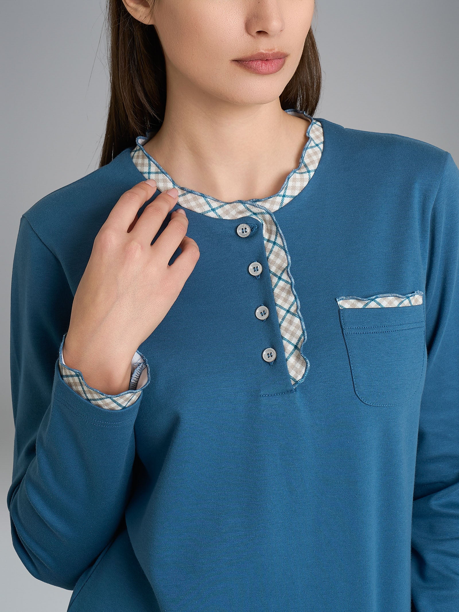 Pigiama a serafino con rouches in Interlock di cotone - Fant. Real Teal Tartan - Image 3