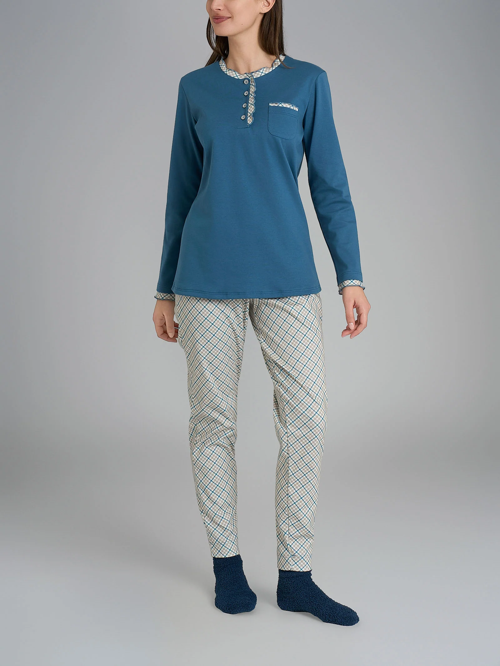 Pigiama a serafino con rouches in Interlock di cotone - Fant. Real Teal Tartan - Image 4