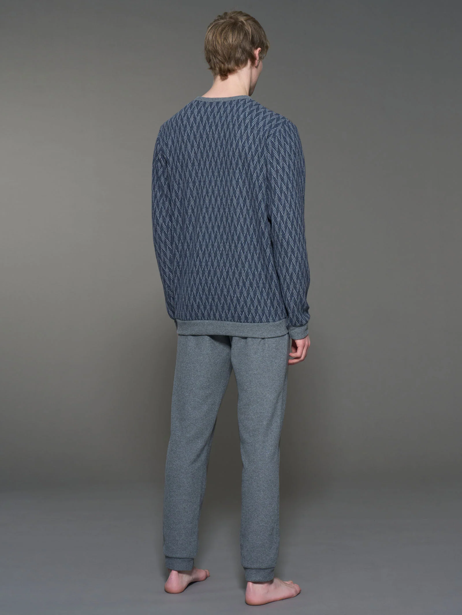 Pigiama a serafino spigato in Cotton Eco Pile - Fant. Indigo Mel. - Image 2