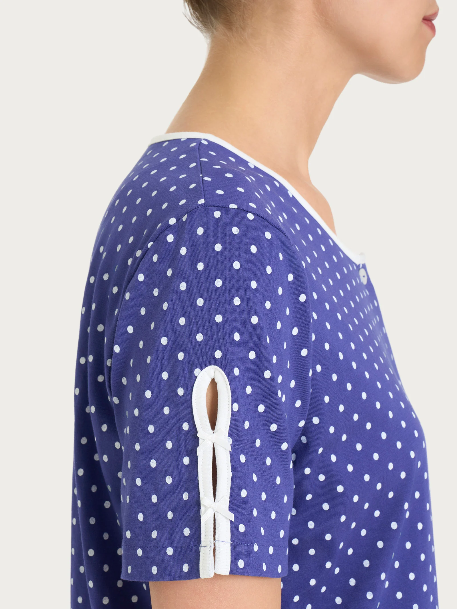 Pigiama aperto a pois in Jersey di cotone - Navy Blue Pois - Image 3