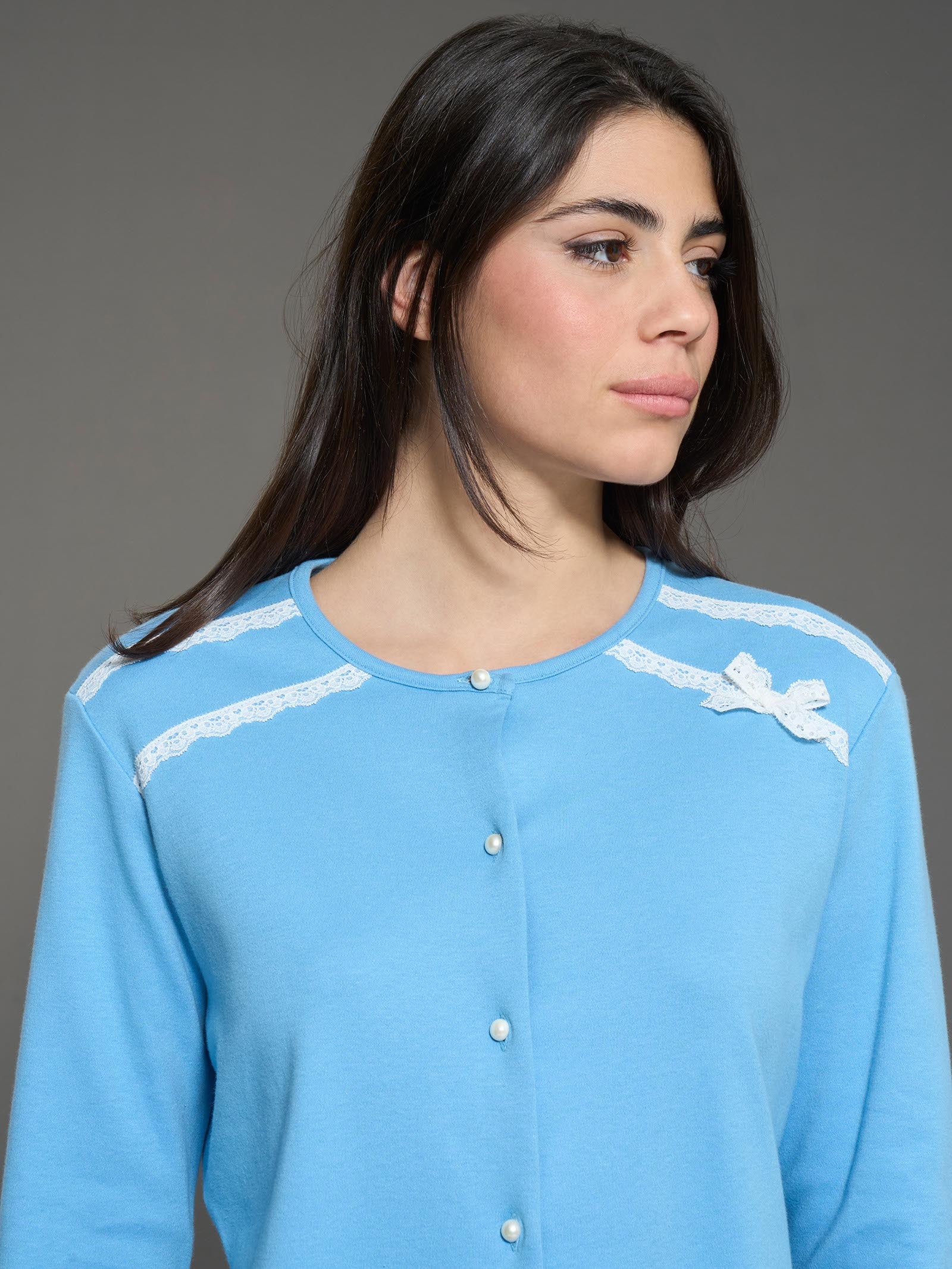 Pigiama aperto con perline in interlock di cotone - Dusk Blue - Image 3