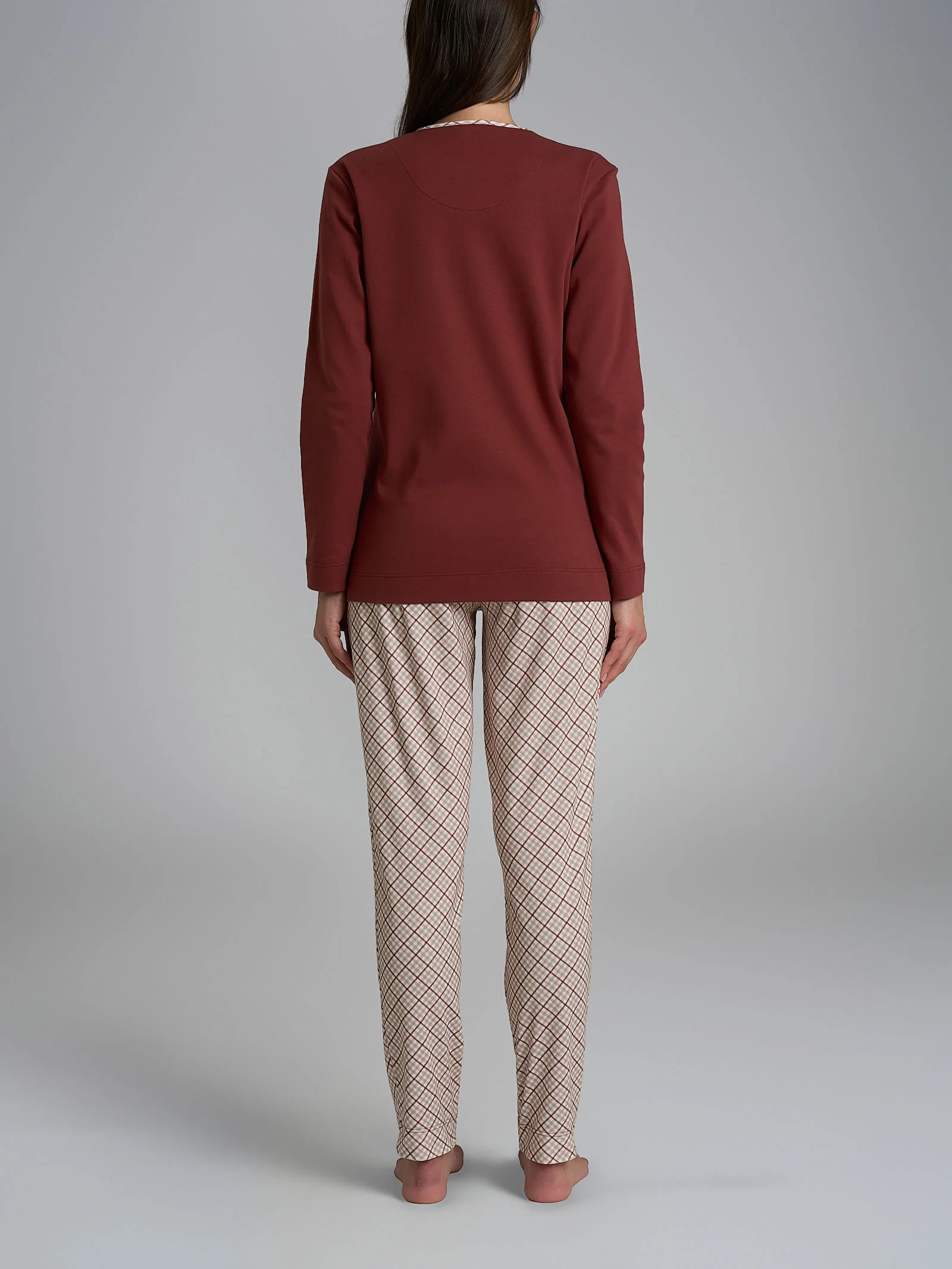 Pigiama con scollo a goccia e dettaglio in Interlock di cotone 40-54 - Fant. Henna Small Tartan - Image 2