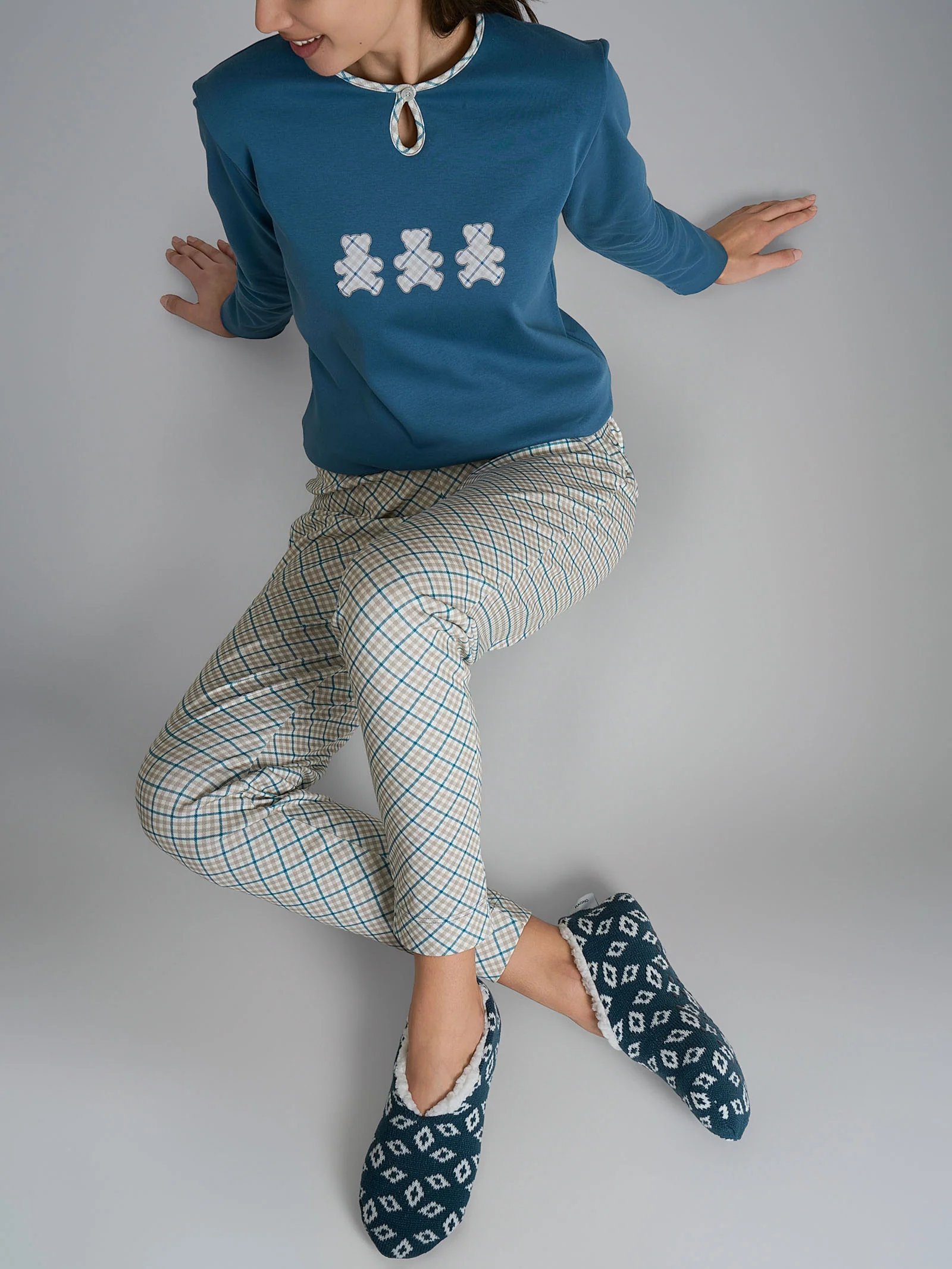 Pigiama con scollo a goccia e dettaglio in Interlock di cotone 40-54 - Fant. Real Teal Tartan - Image 4