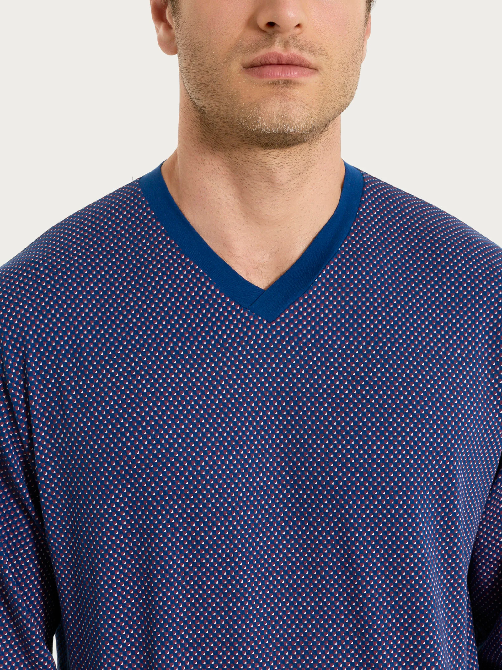 Pigiama con scollo a V e fantasia a quadri in Jersey di Cotone - Fant. Navy Peony - Image 3