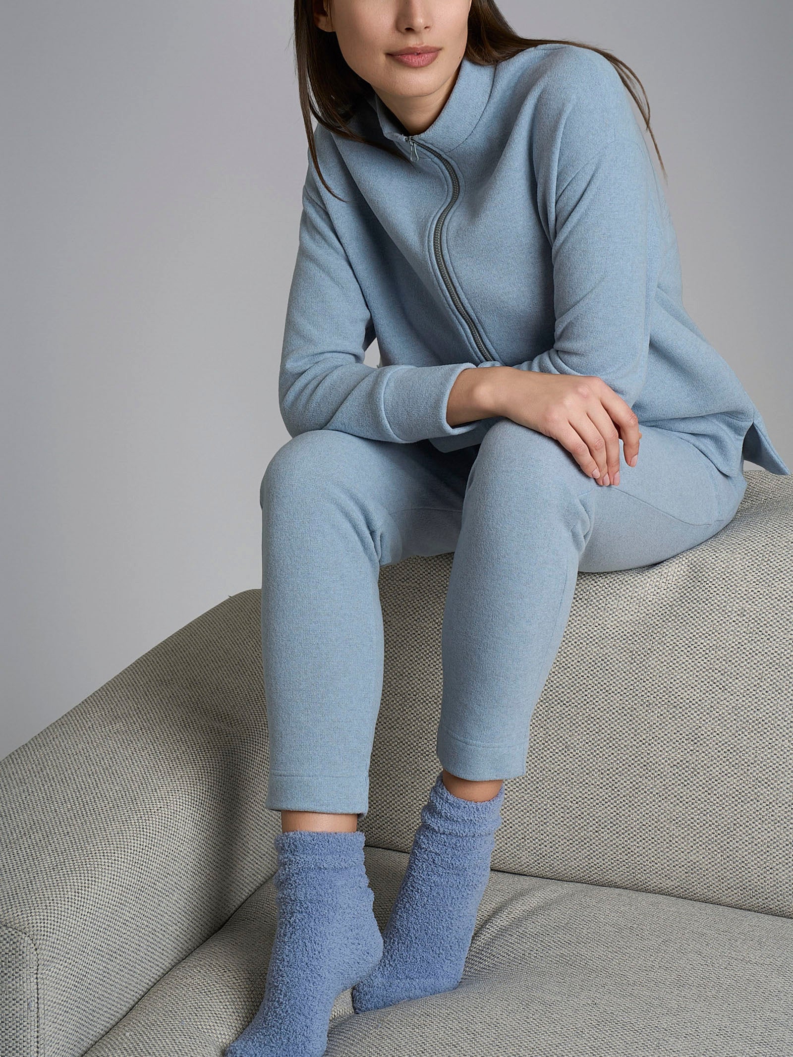 Pigiama con zip in tinta unita in Cotton Eco Pile - Nebbia - Image 3