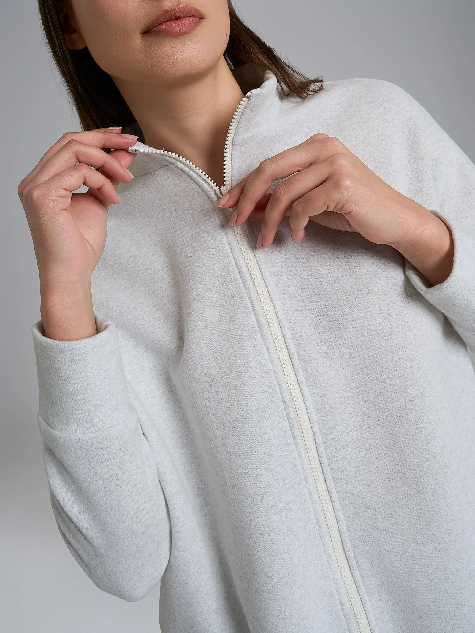 Pigiama con zip in tinta unita in Cotton Eco Pile - Ghiaia Mel. - Image 2