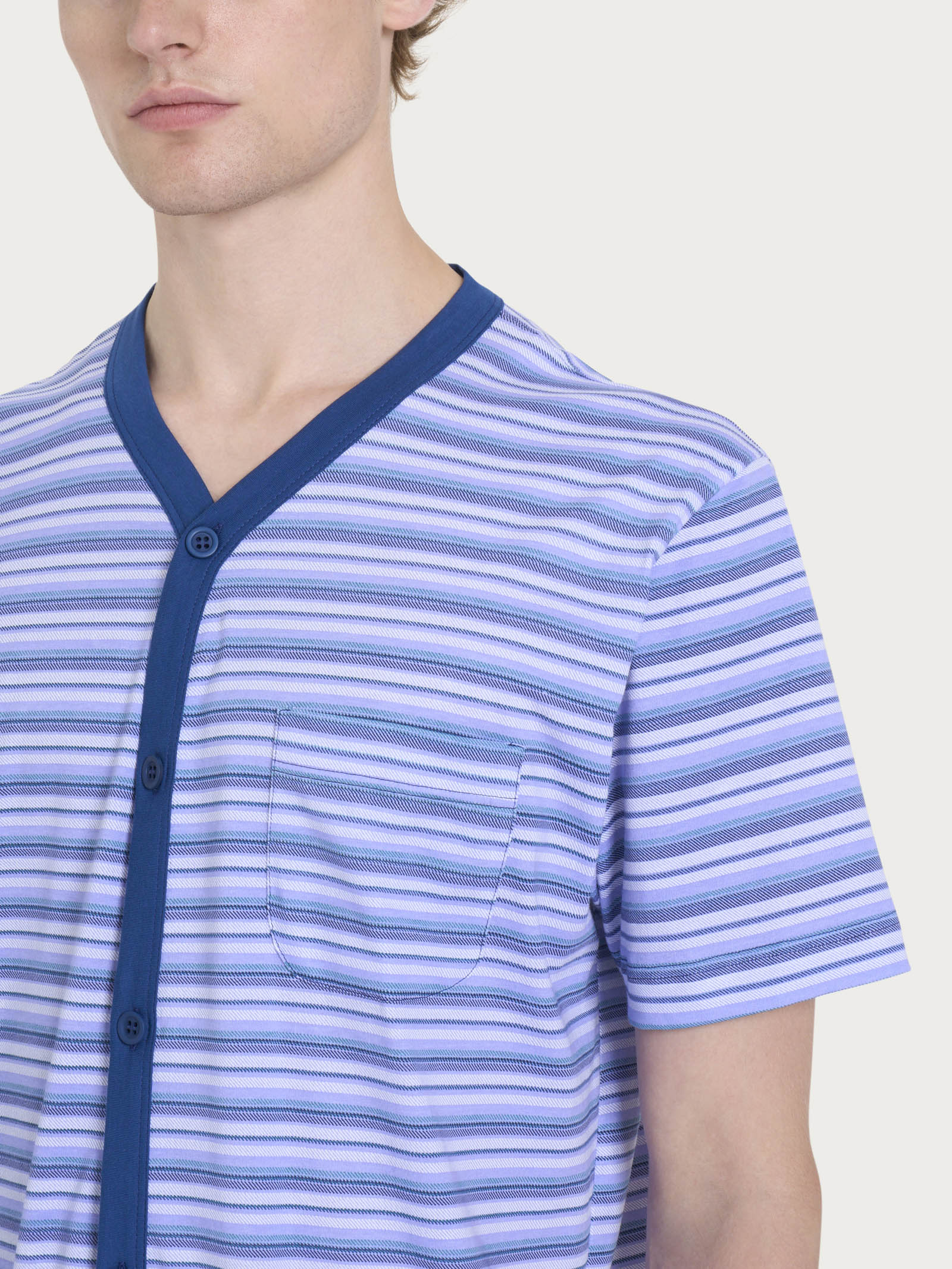Pigiama corto aperto con fantasia geometrica in Jersey di Cotone - Fant. Navy Peony Righe Orizzontali - Image 3