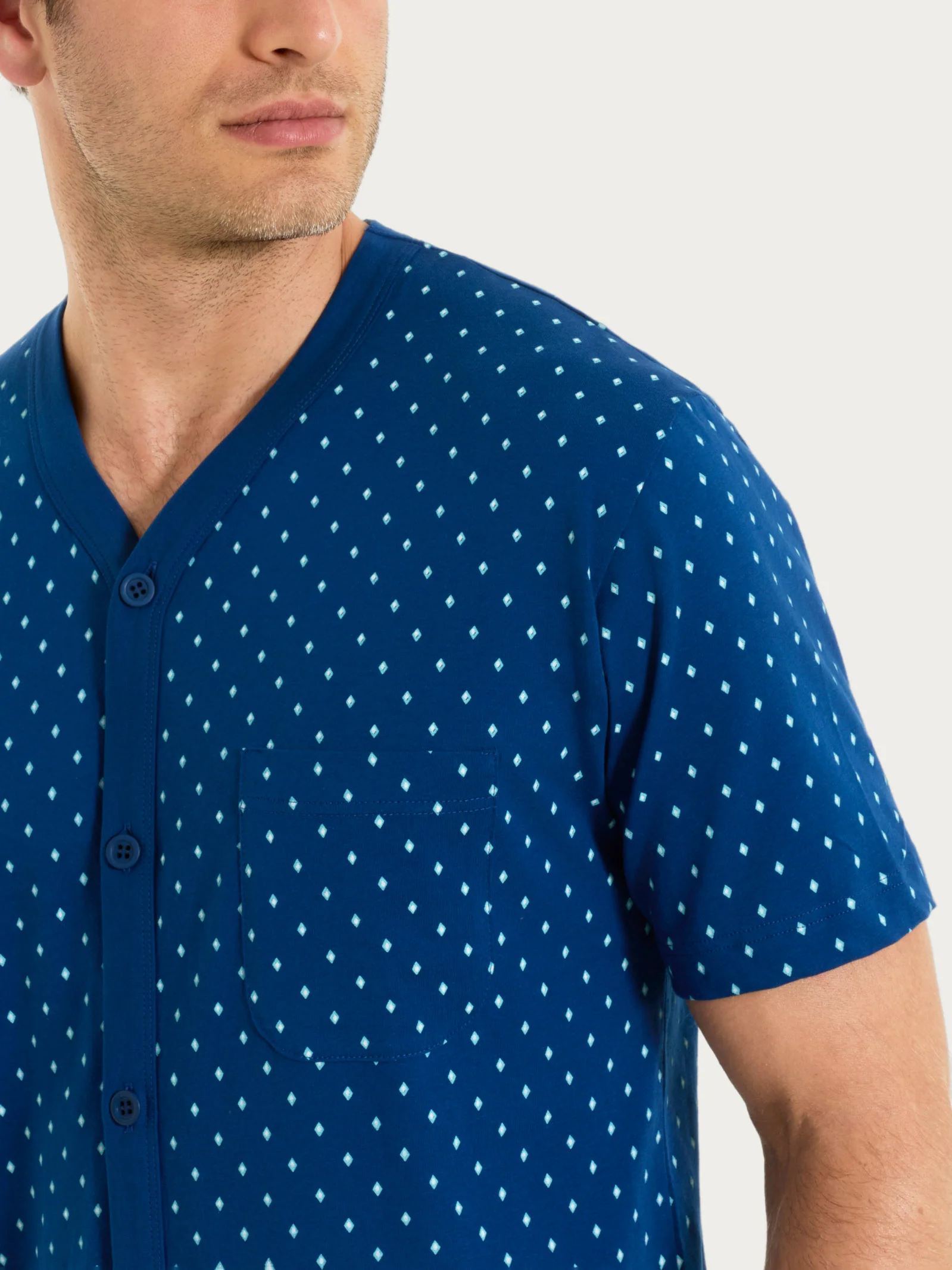 Pigiama corto e aperto con micro rombi in Jersey di Cotone 44-56 - Fant. Navy Peony Cravatier - Image 3