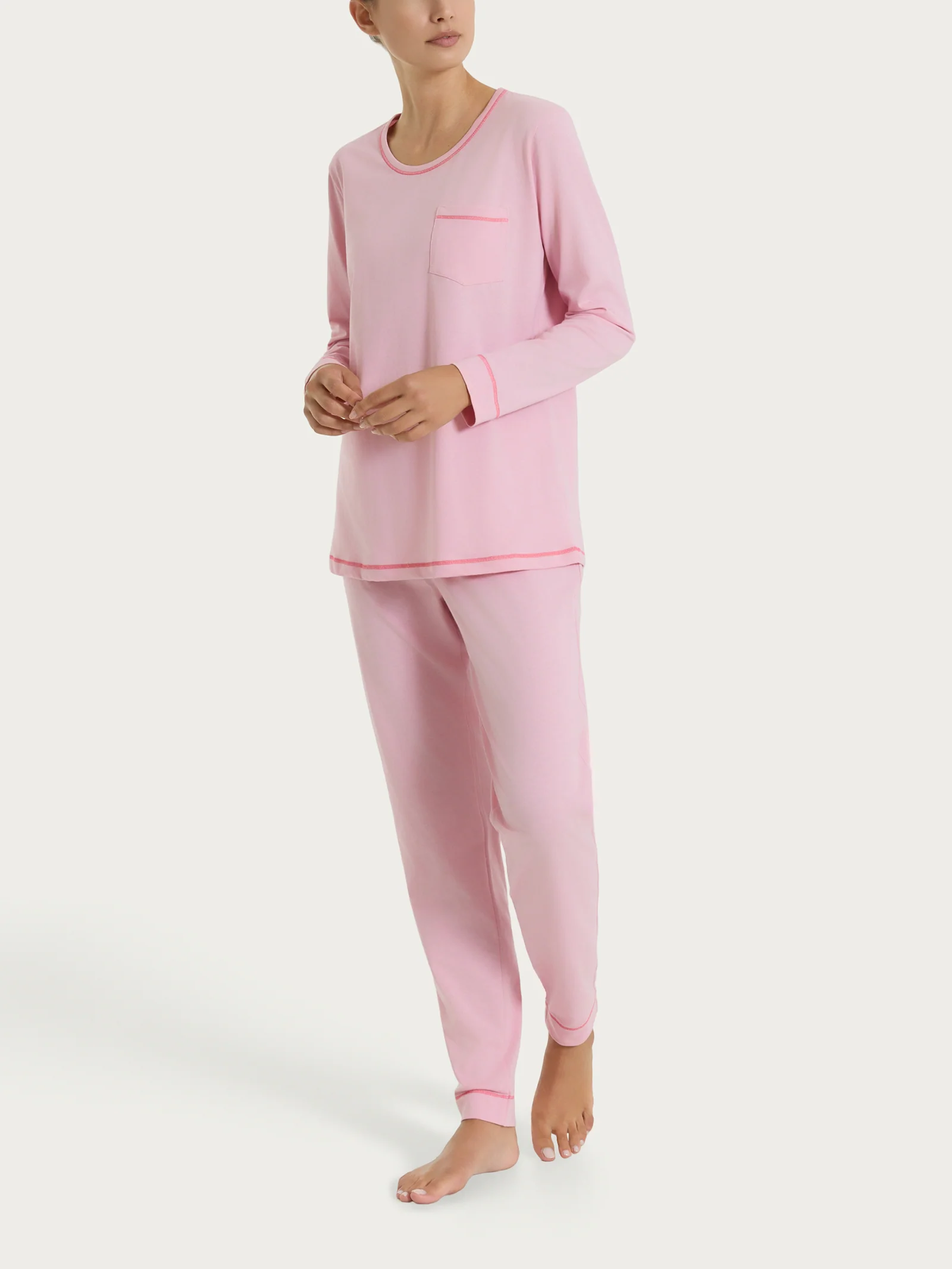 Pigiama lungo tinta unita in Jersey di Cotone - Cameo Pink - Image 2