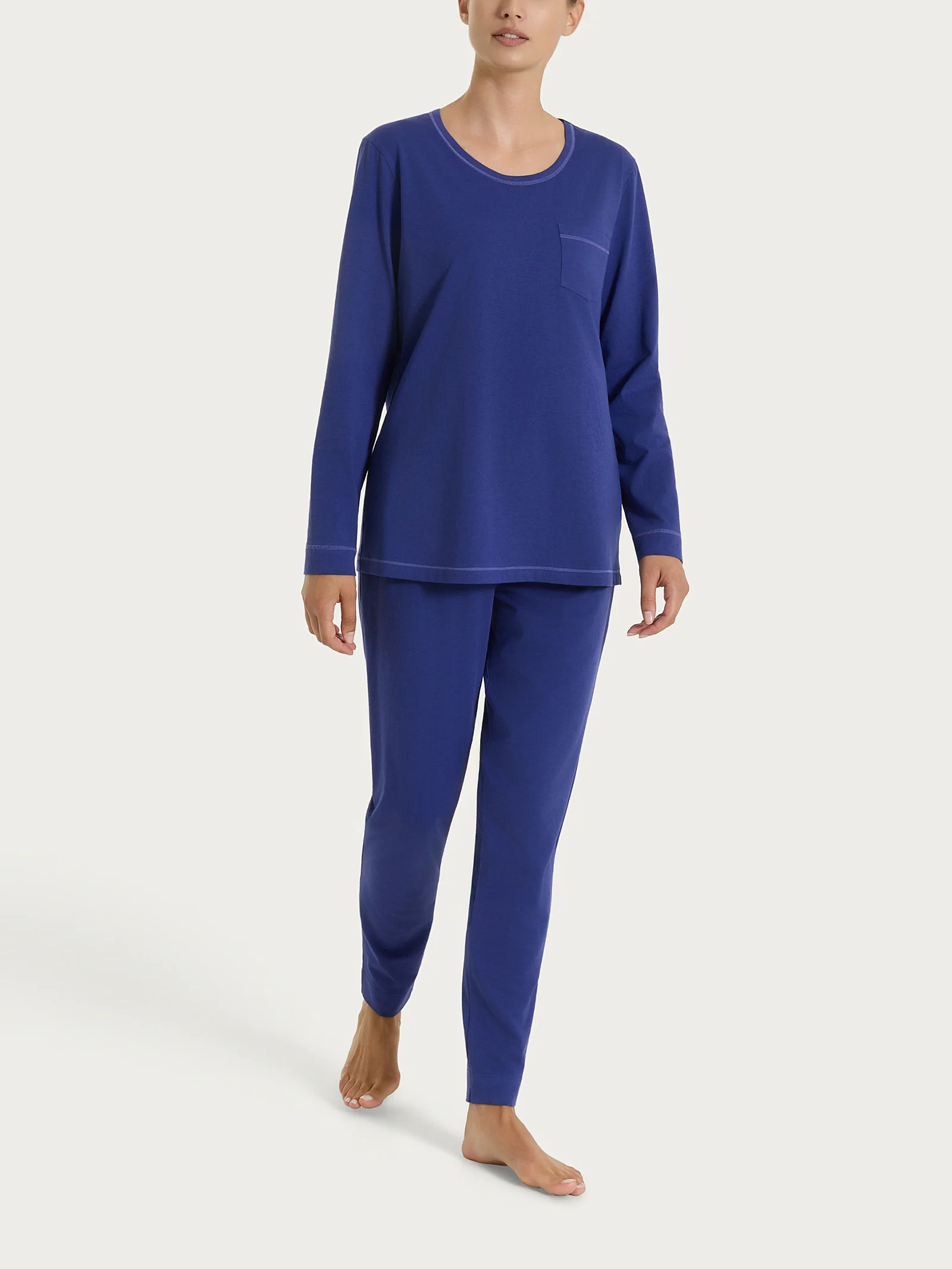 Pigiama lungo tinta unita in Jersey di Cotone - Navy Blue - Image 2