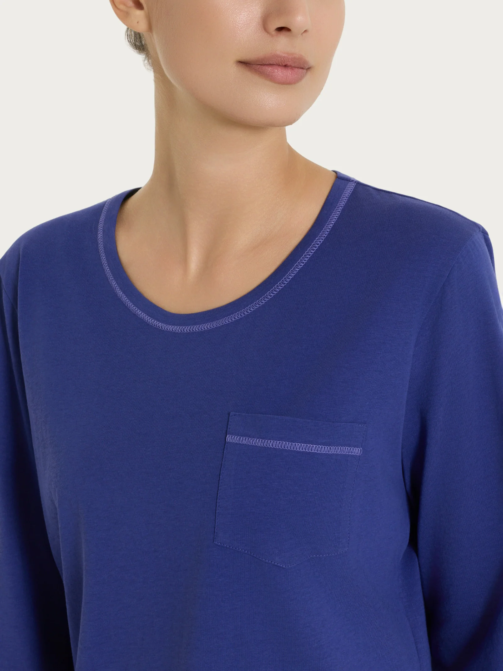 Pigiama lungo tinta unita in Jersey di Cotone - Navy Blue - Image 4