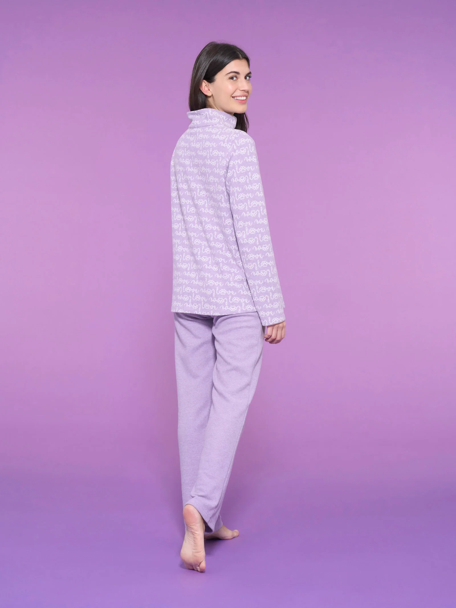 Pigiama serafino a collo alto love in Cotton Eco Pile - Fant.Lilla - Image 2