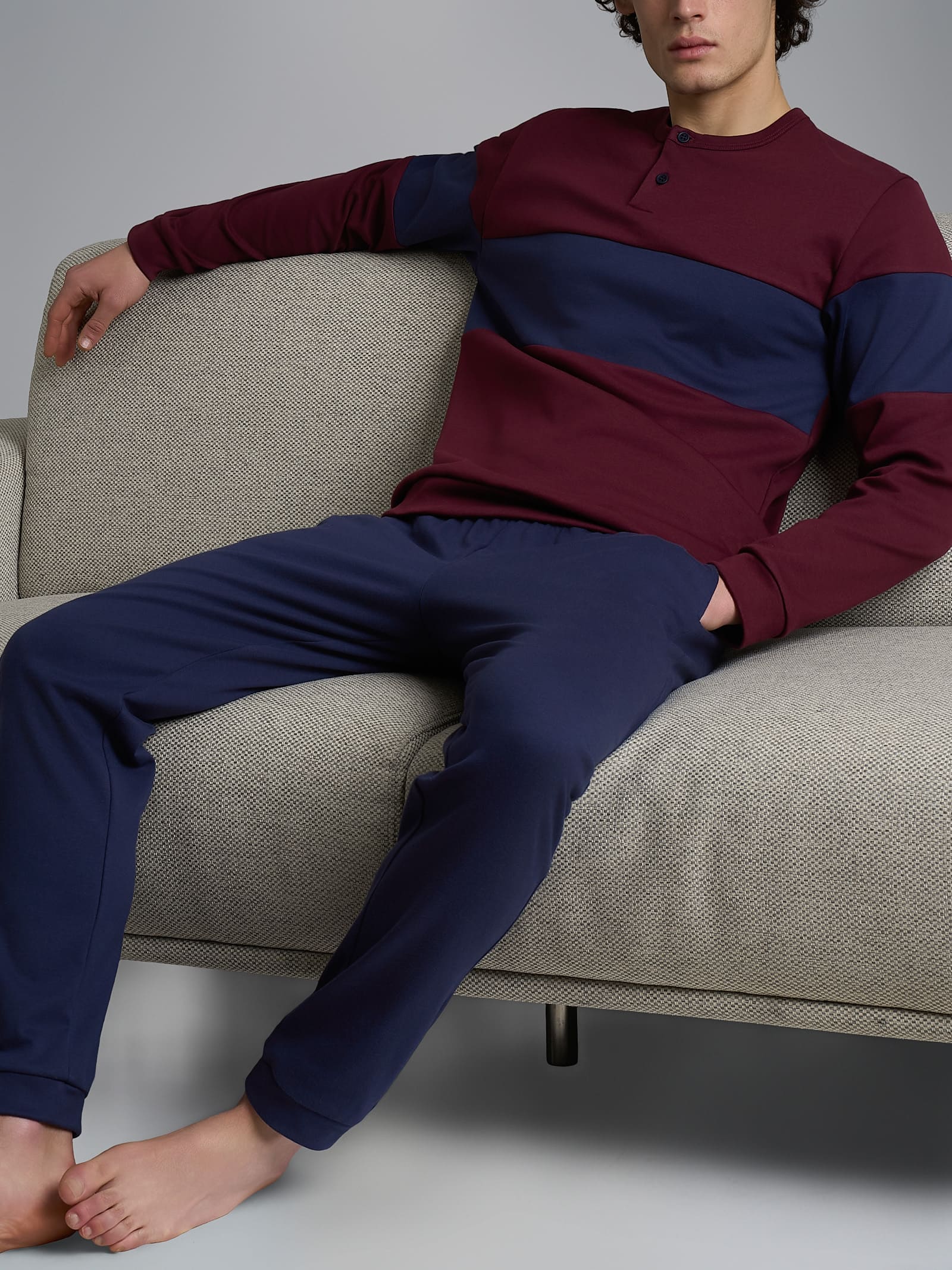 Pigiama serafino con fascia orizzontale in interlock di cotone - Fant. Windsor Wine - Image 3