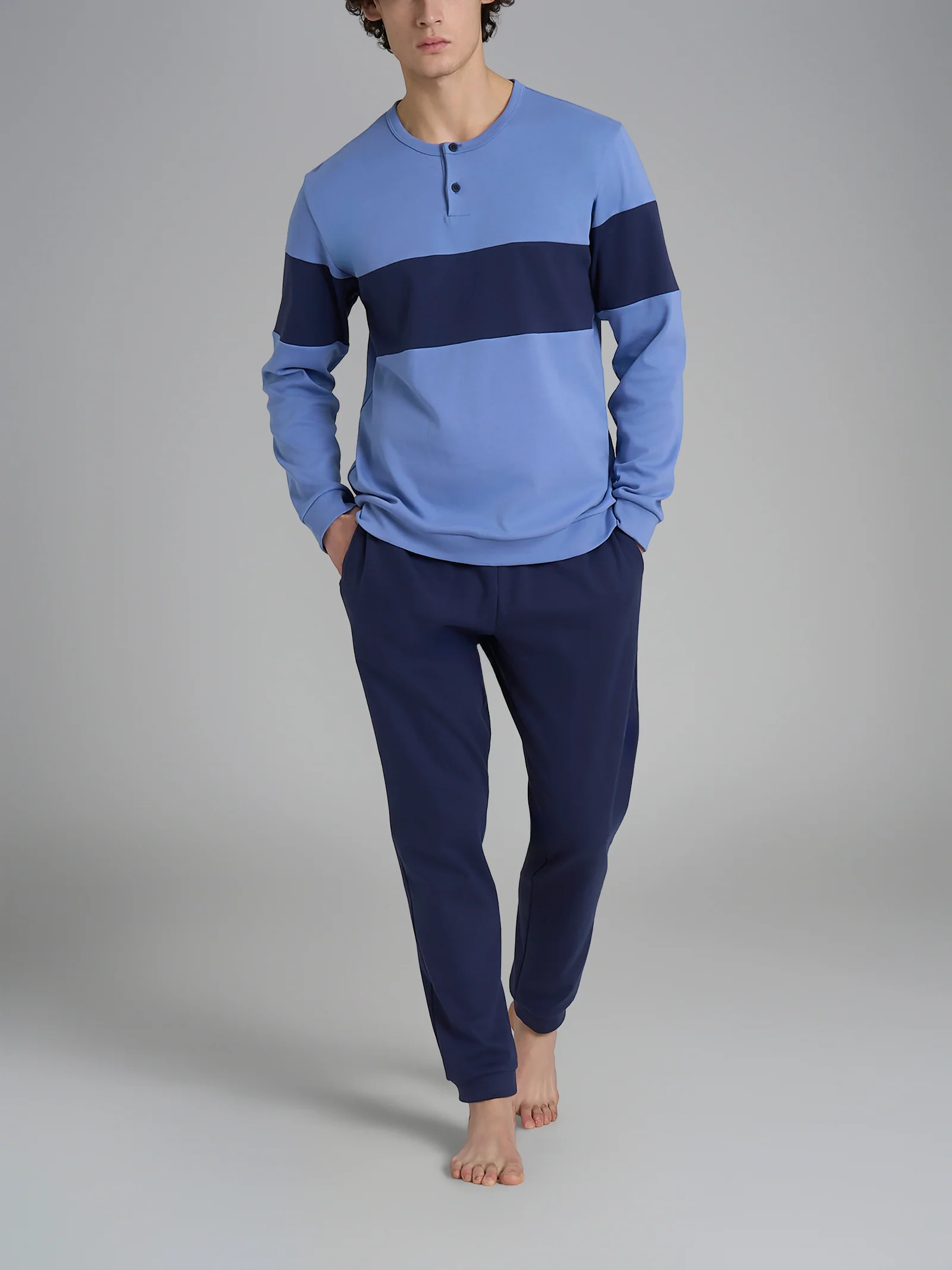 Pigiama serafino con fascia orizzontale in interlock di cotone - Fant. Colony Blue - Image 3