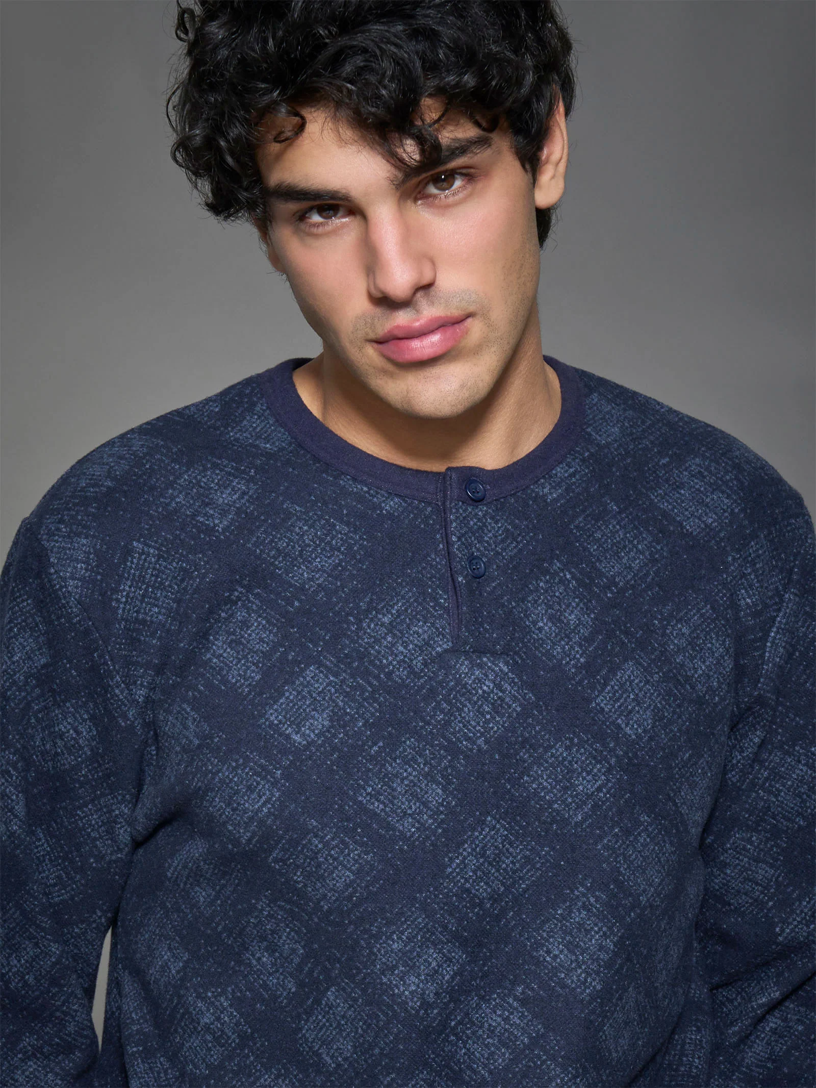 Pigiama tartan a serafino in Cotton Eco Pile - Fant.Delave' Mel. - Image 3