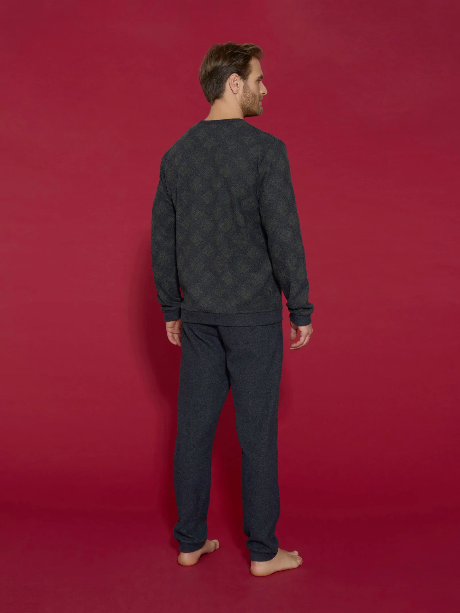 Pigiama tartan a serafino in Cotton Eco Pile - Fant. Rain Forest - Image 2