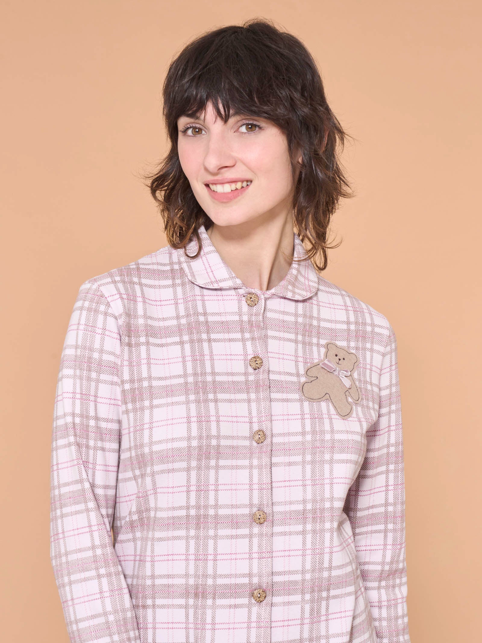 Pigiama tartan aperto con colletto in interlock di cotone - Fant. Mauve Mist - Image 3