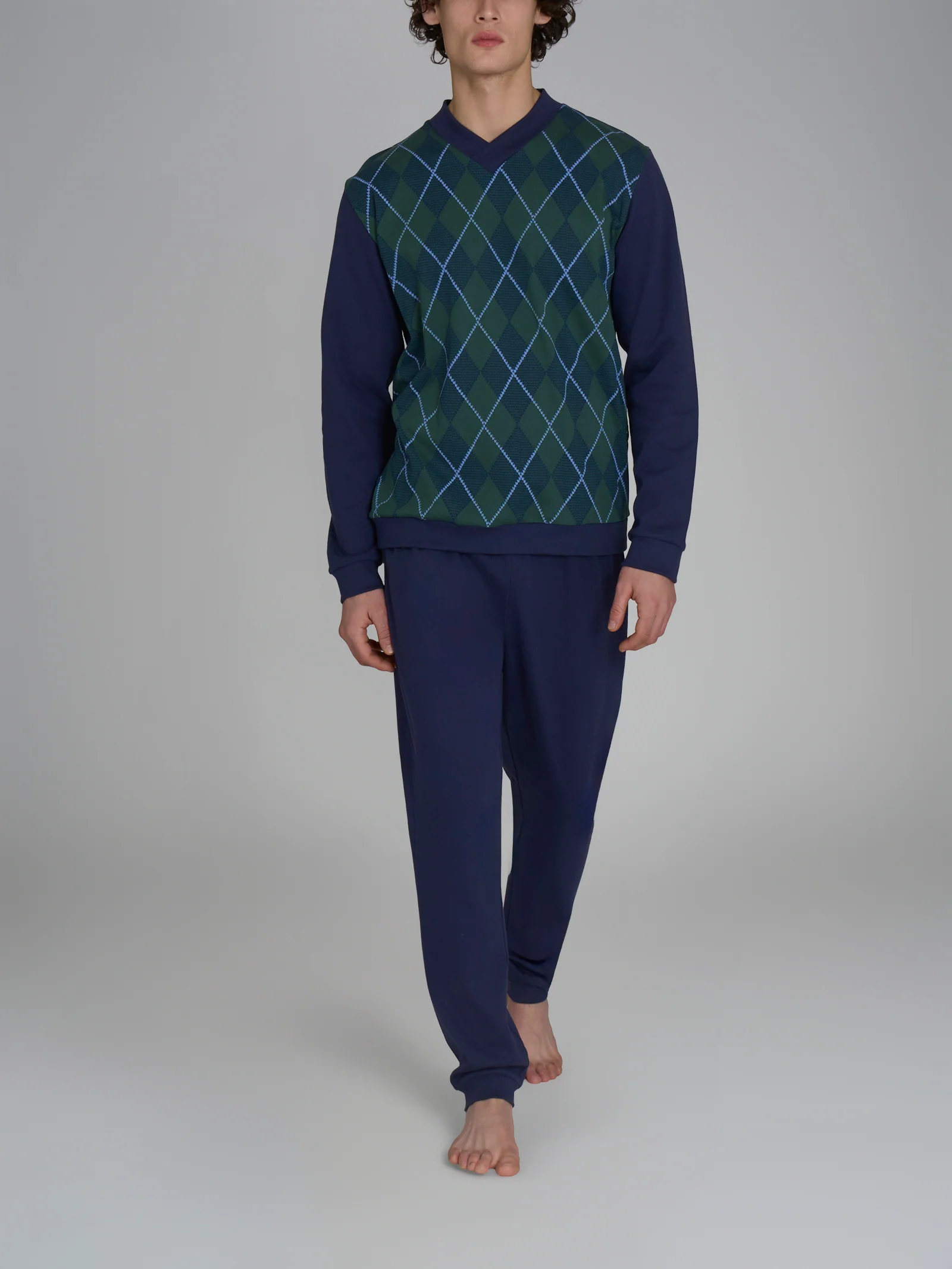 Pigiama tartan con scollo a V in interlock di cotone - Fant. Trekking Green